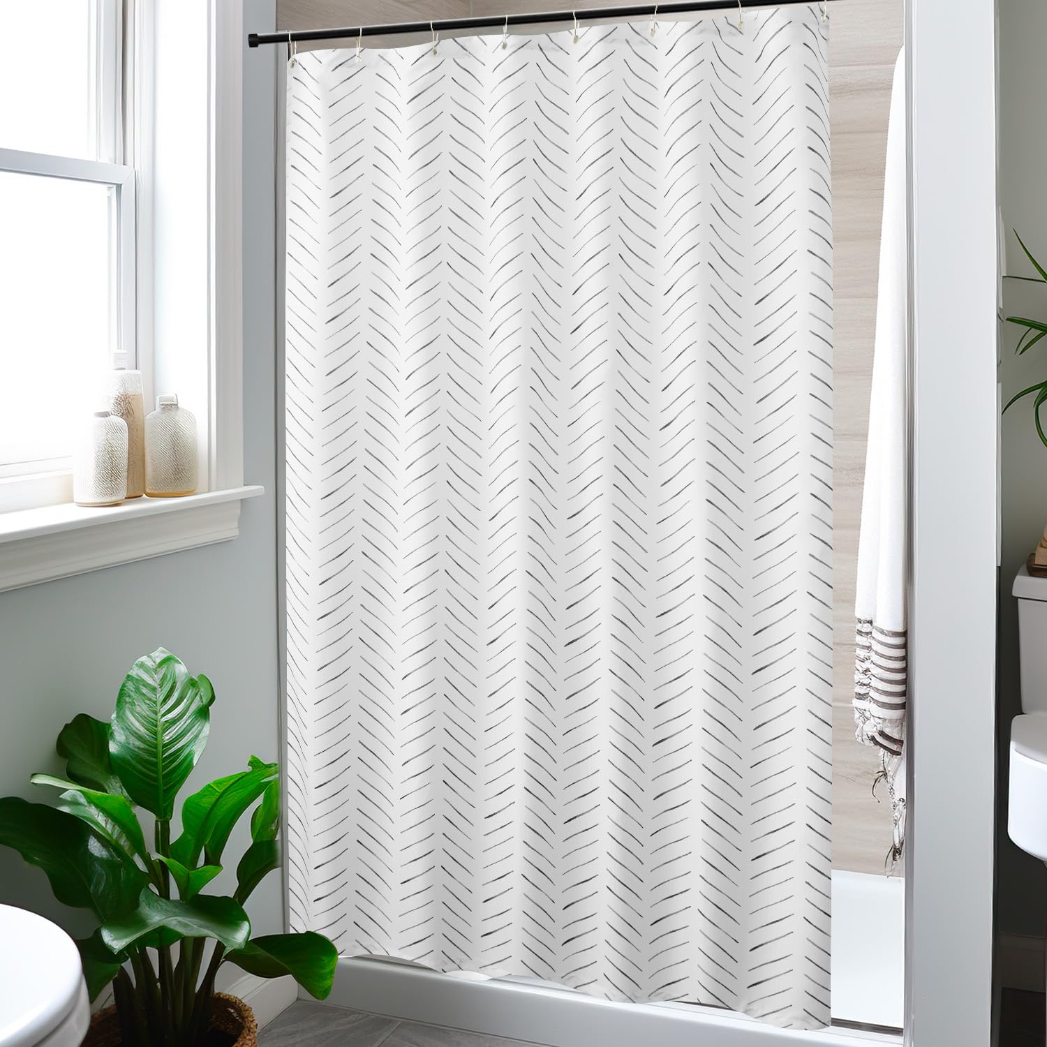 jinchan Fabric Small Stall Shower Curtain 48x72 inches Herringbone Zig Zag Inky Chevron Black and White Shower Curtain with Hook