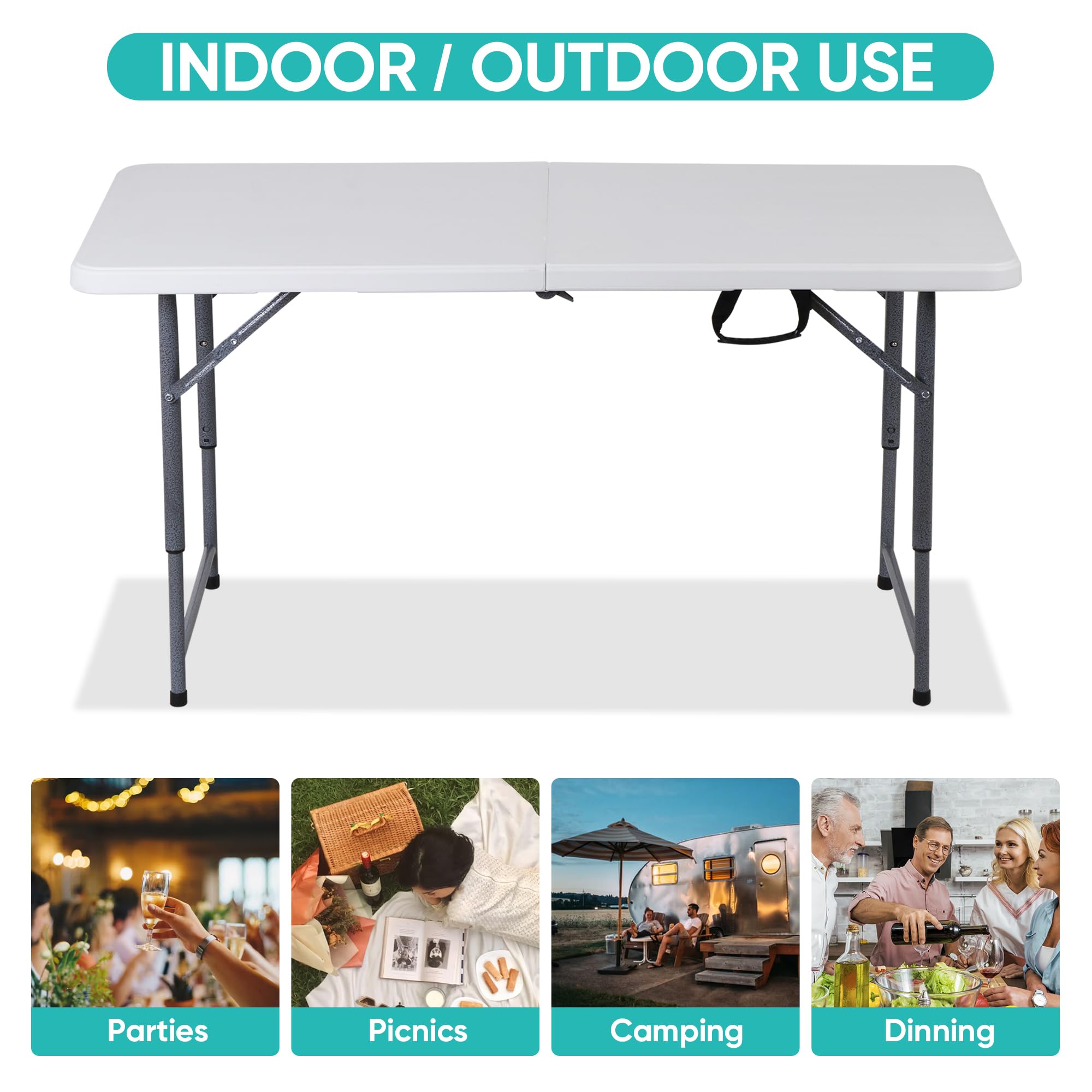 Zenstyle 4 Ft Adjustable Folding Table, Indoor Outdoor Portable Plastic Dining Card Table Utility Table For Camping Dining Event Party, White (48'X24', Rectangular)