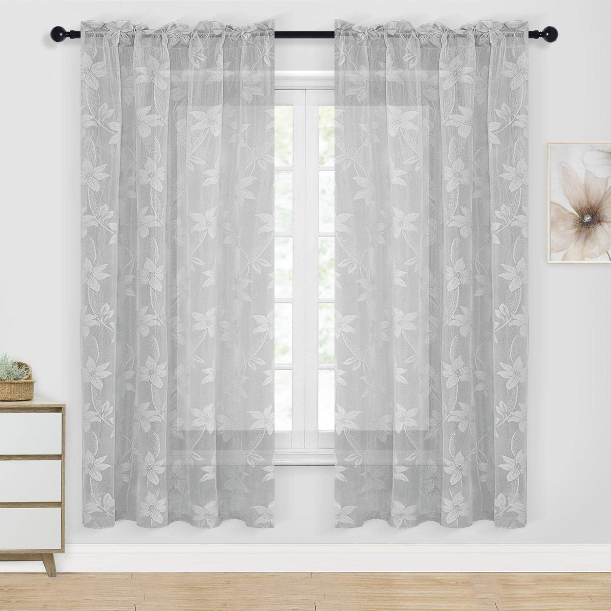 Dwcn Grey Sheer Curtains - Floral Lace Curtains 63 Inch Length Rod Pocket Window Voile Sheer Drapes For Bedroom Kitchen Short Cu