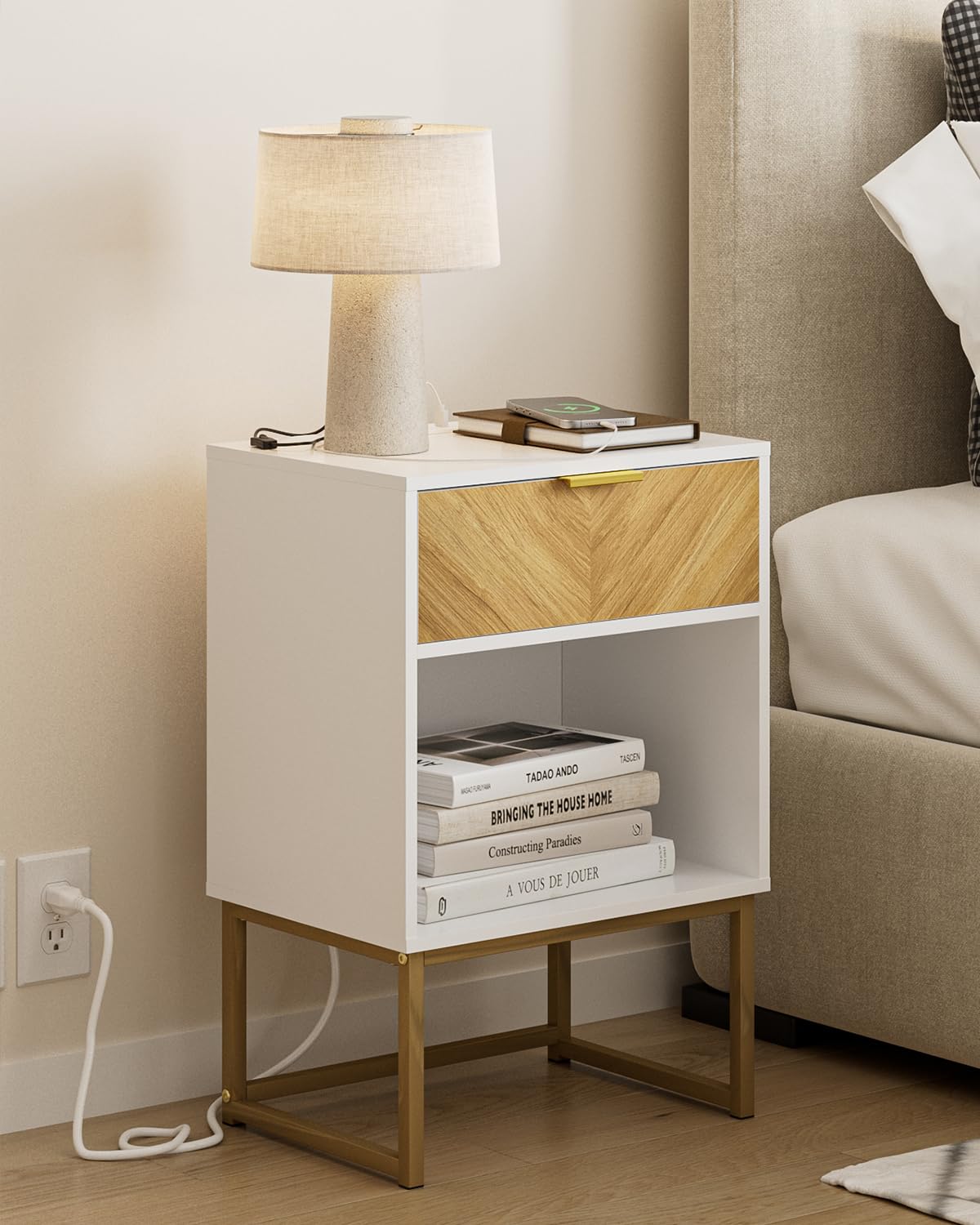 Masupu Night Stand with Charging Station,Modern Nightstand Boho Farmhouse Wood Bedside Table with Storage Drawer Side End Table 