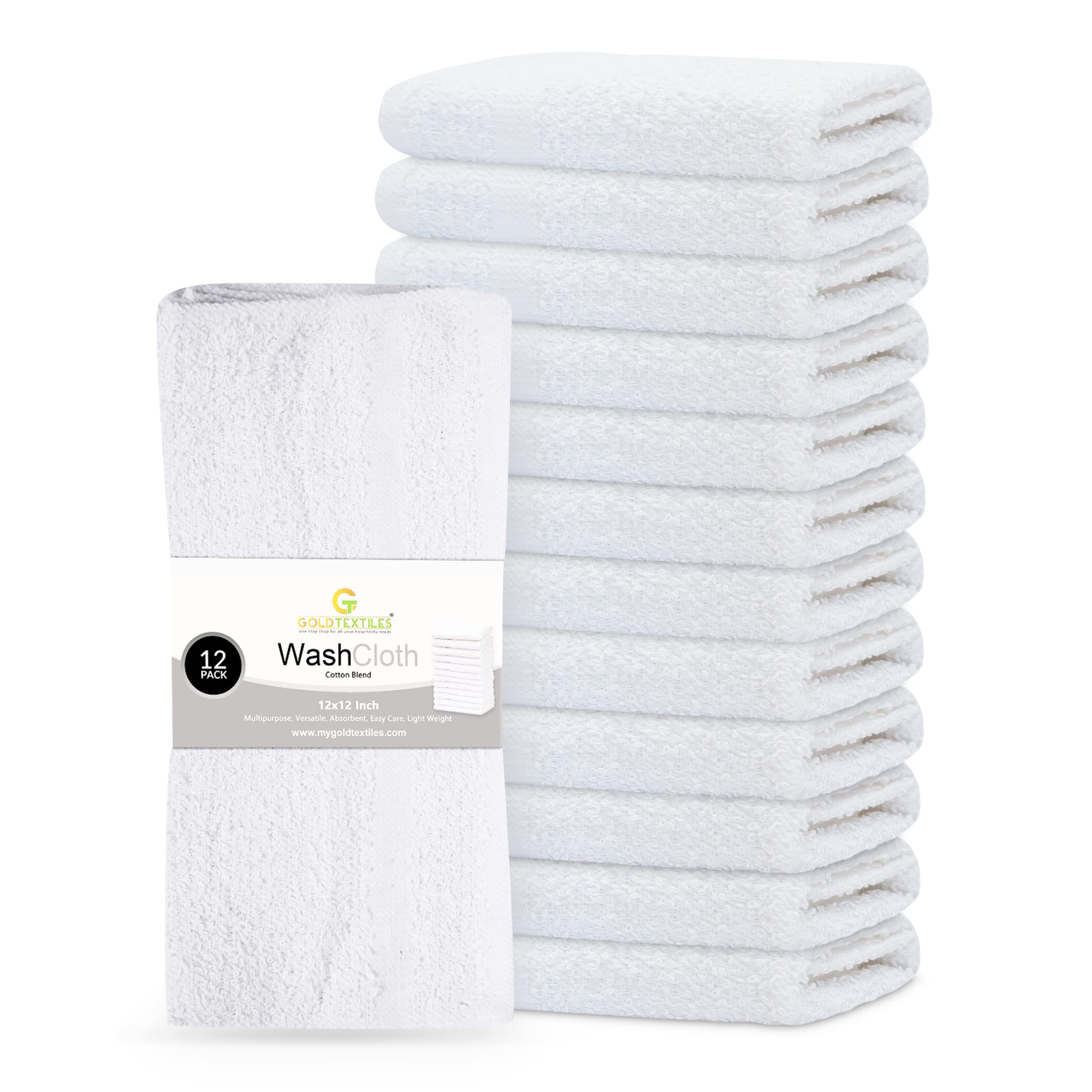 GOLD TEXTILES 12 Pack Economy White Washcloths Set (12x12 inches) - Cotton Blend Commercial Grade Cleaning Rags, Quick Drying & 