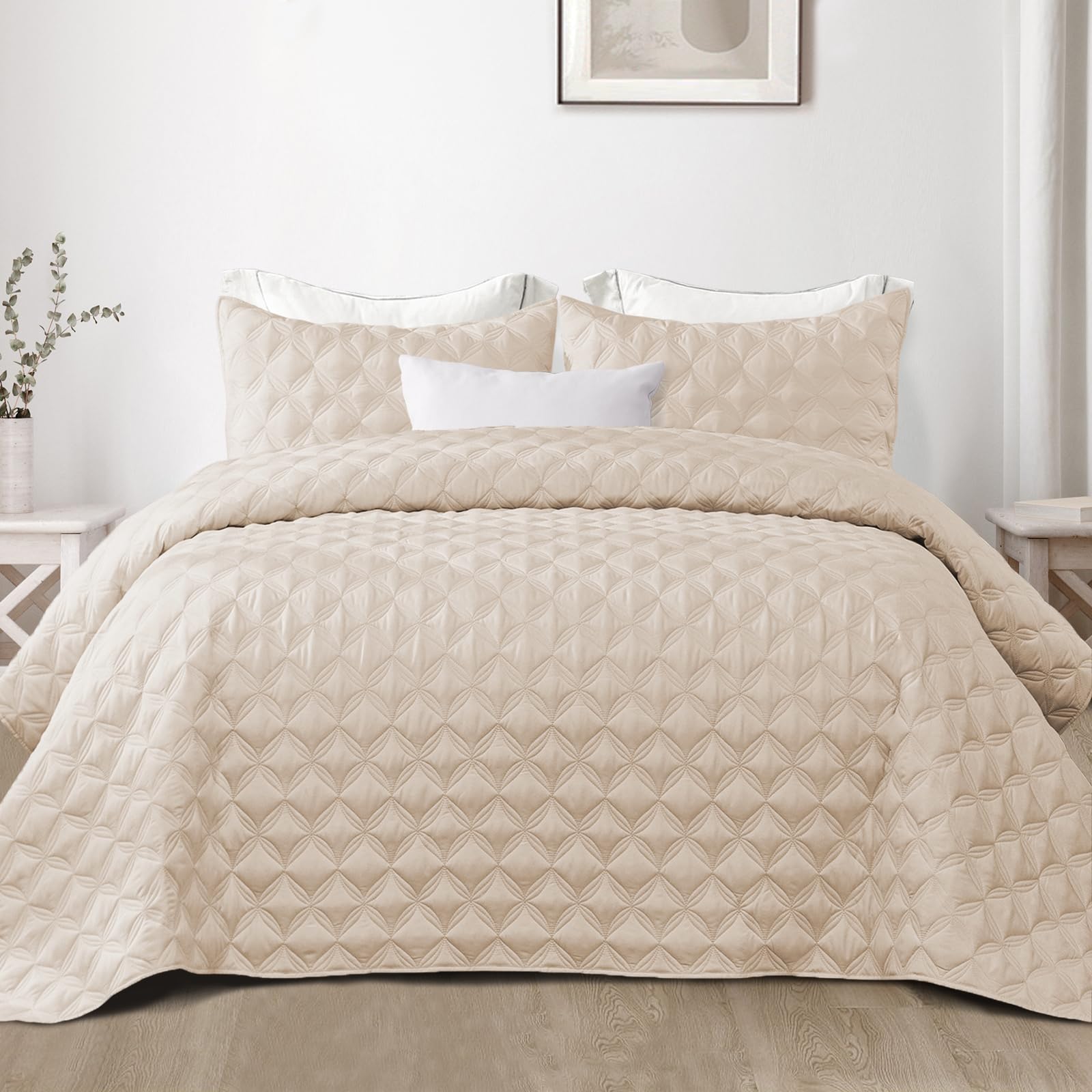 Exclusivo Mezcla Beige Quilt Set Queen Size (90'X96'), Lightweight Summer Quilt Full Queen For All Seasons, Soft Modern Geomet