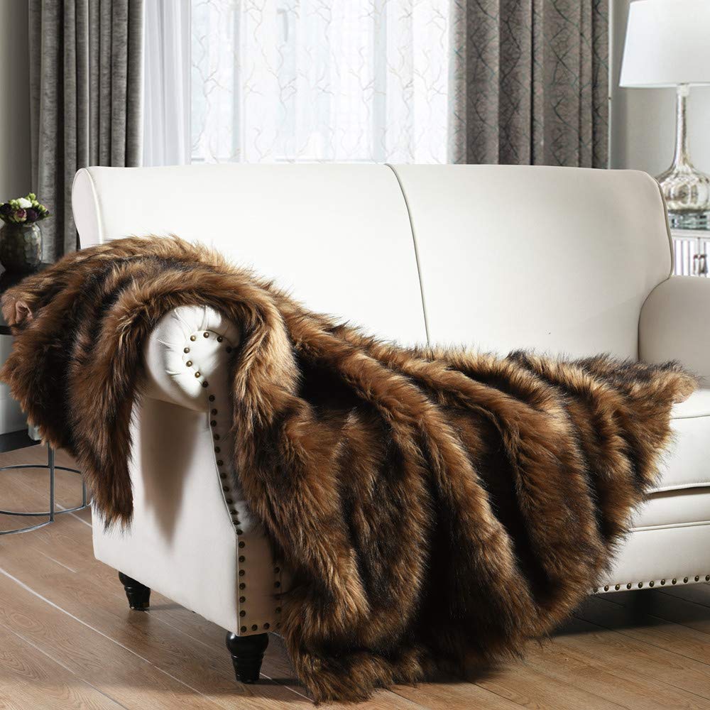 Luxury Plush Faux Fur Throw Blanket, Long Pile Brown With Black Tipped Blanket, Super Warm, Fuzzy, Elegant, Fluffy Decoration Bl