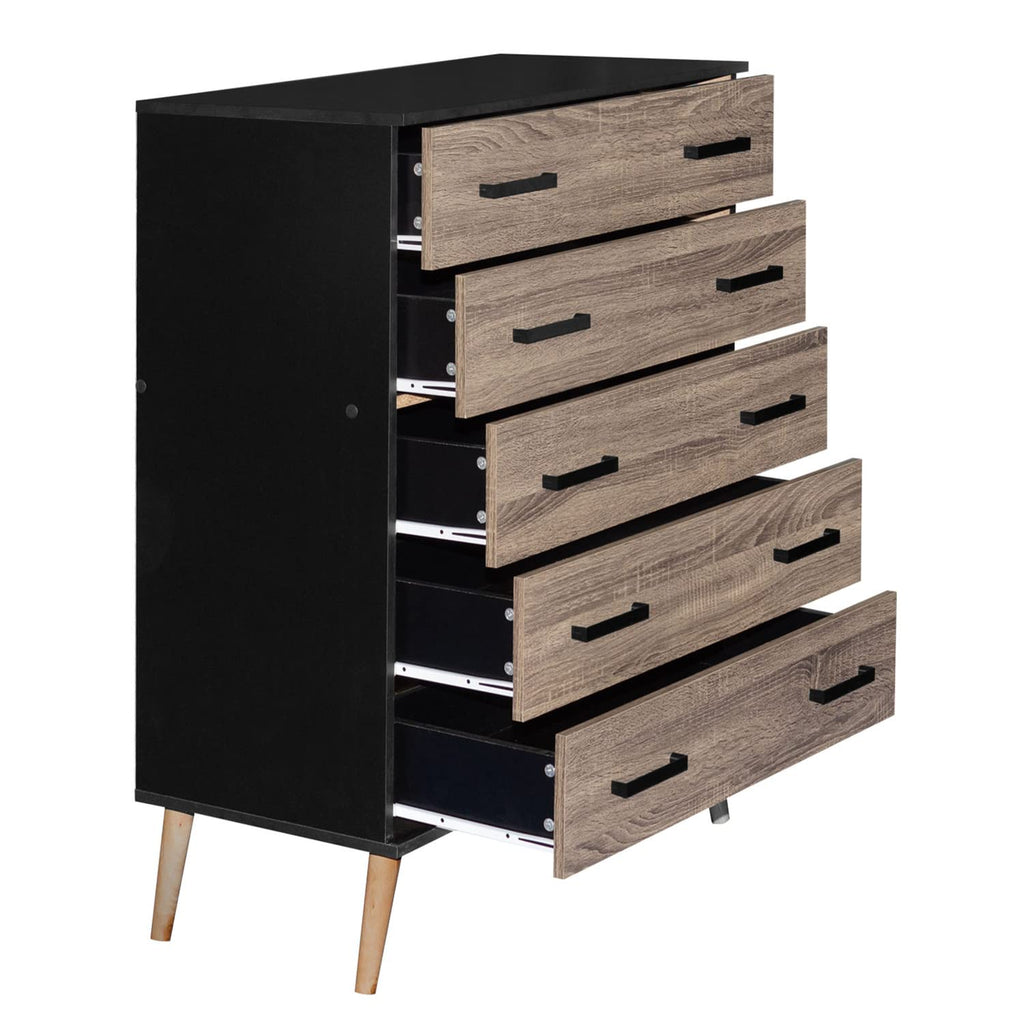 Better Home Products Eli Mid-Century Modern 5 Drawer Chest in Black & Sonoma Oak