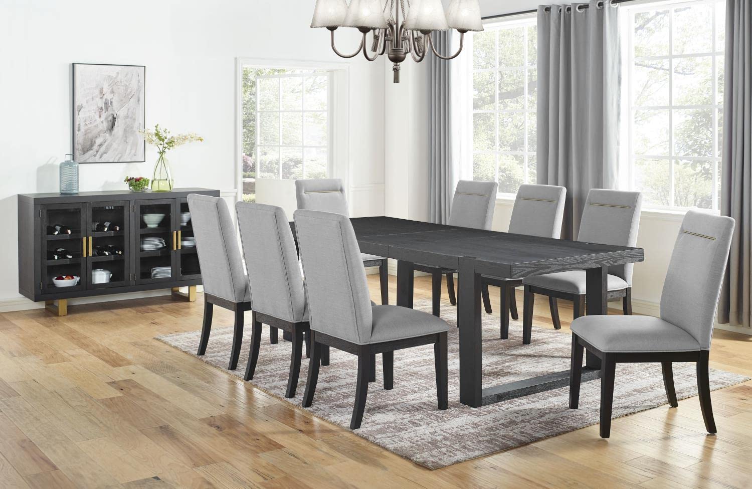 Steve Silver Furniture Yves Dining Table, 77-95" Table w/ 18" Leaf, Contemporary Double-Pedestal Sled Base, Seats up to 10, Dining Room, Hand Stained, (Table Only), 77D x 40" W x 30" H, Black
