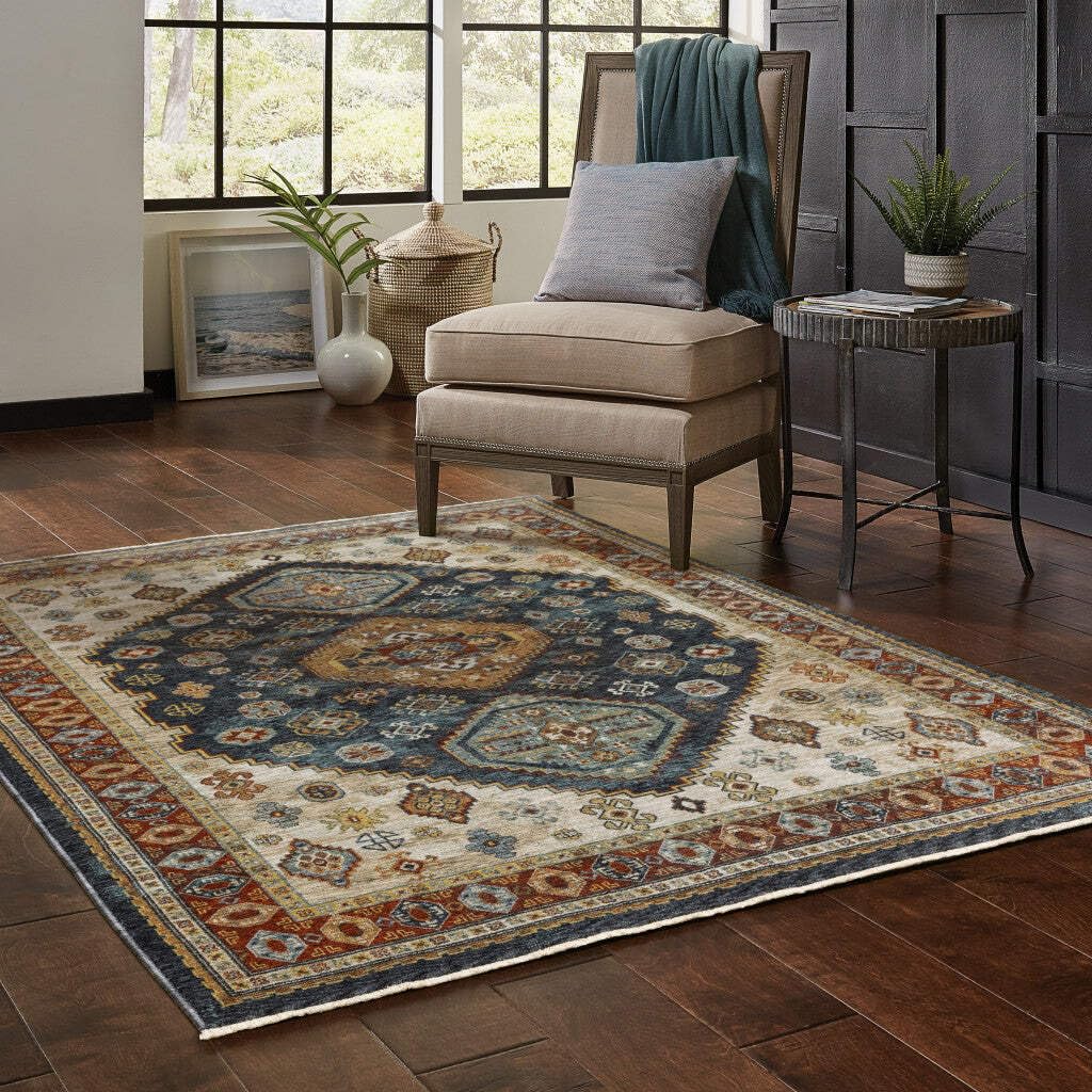 HomeRoots 508043 8 x 11 ft. Blue Red Beige Orange Gold & Tan Oriental Power Loom Stain Resistant Rectangle Area Rug with Fringe