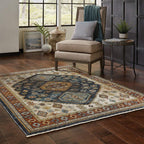 HomeRoots 508043 8 x 11 ft. Blue Red Beige Orange Gold & Tan Oriental Power Loom Stain Resistant Rectangle Area Rug with Fringe