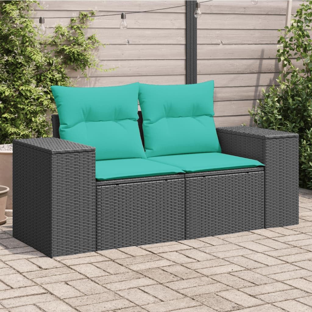 vidaXL Patio Sofa with Cushions - 2-Seater Outdoor Loveseat in Black PE Rattan - Comfortable Garden/Deck Furniture with Removable Blue Cushion Covers