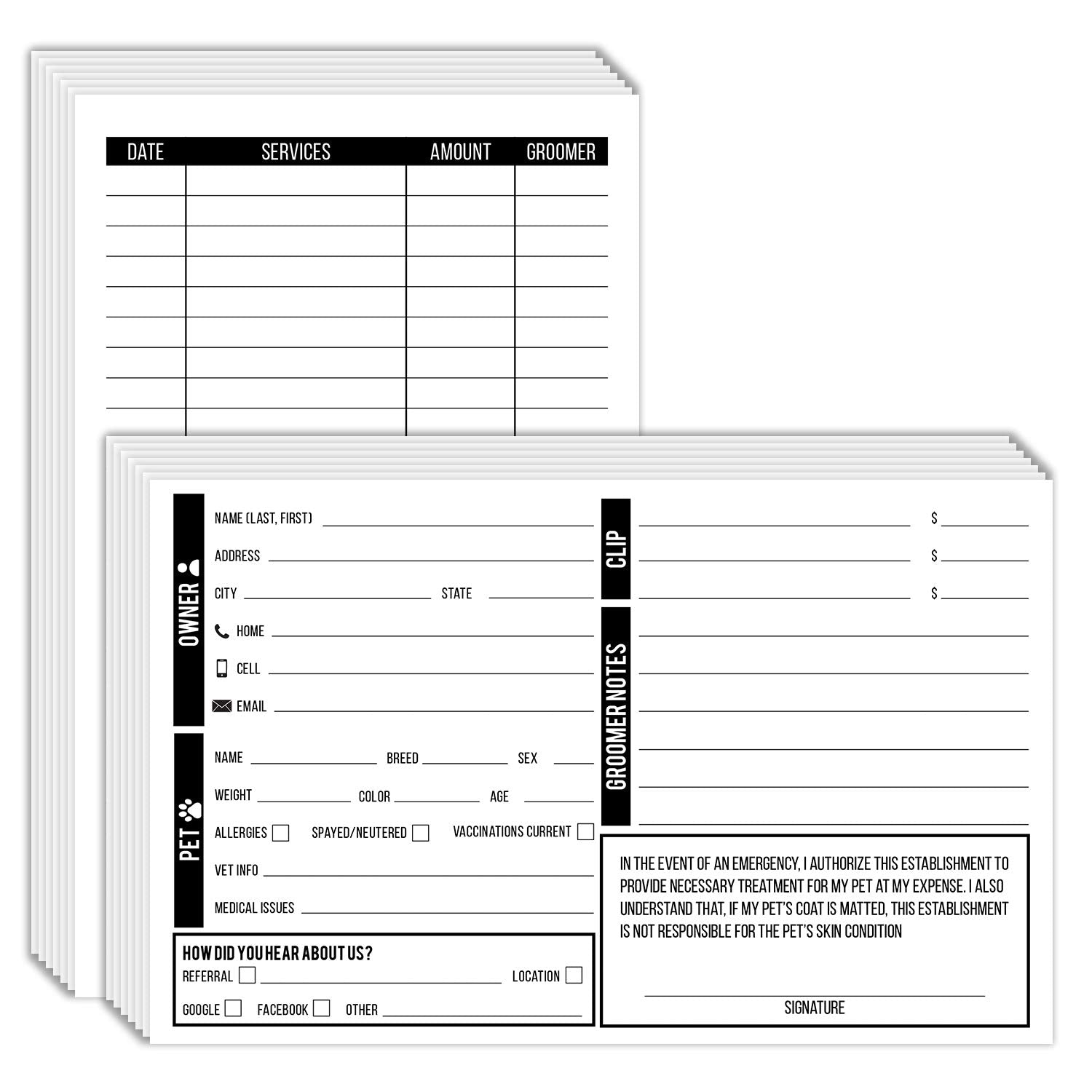 Pet, Dog, Cat Grooming Customer Information Card - Client Contact Profile Record Cards | Printed On Premium Cardstock | 5 X 8 In