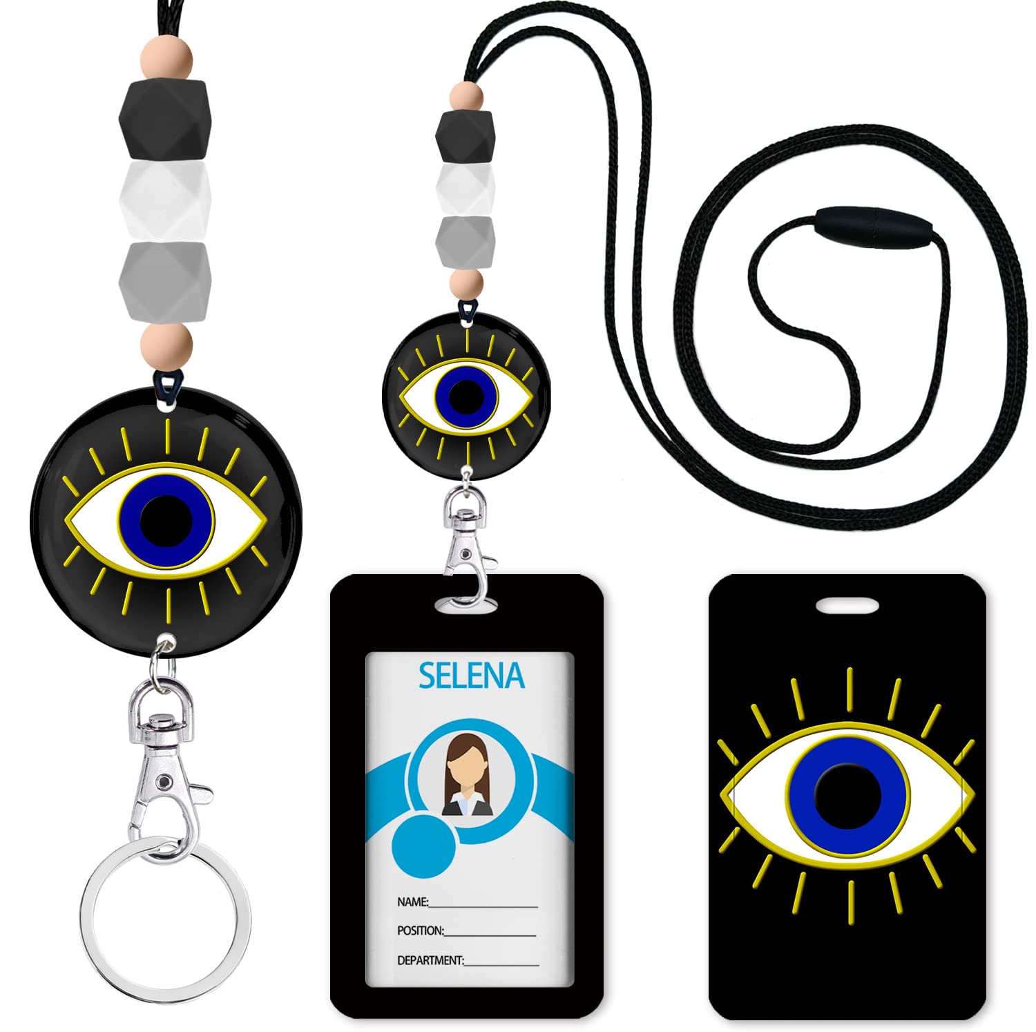 Evil Eye Id Badge Holder With Lanyard, Cute Lanyards For Id Badges And Keys, Silicone Beaded Breakaway Lanyard For Women Teacher