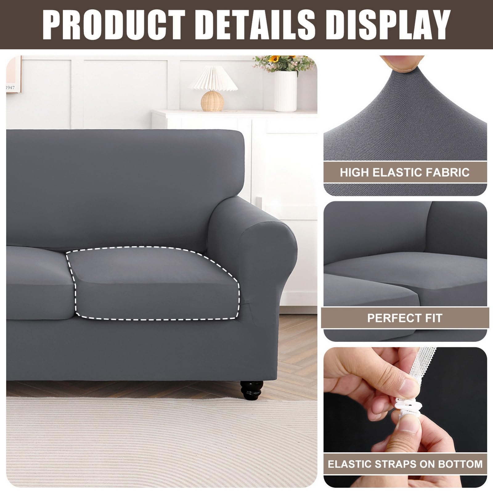Searchi Stretch Sofa Cover Couch Cover, 4 Pieces Sofa Slipcover With 3 Separate Cushion Cover, Washable Furniture Protector For Living Room(Sofa, Grey)
