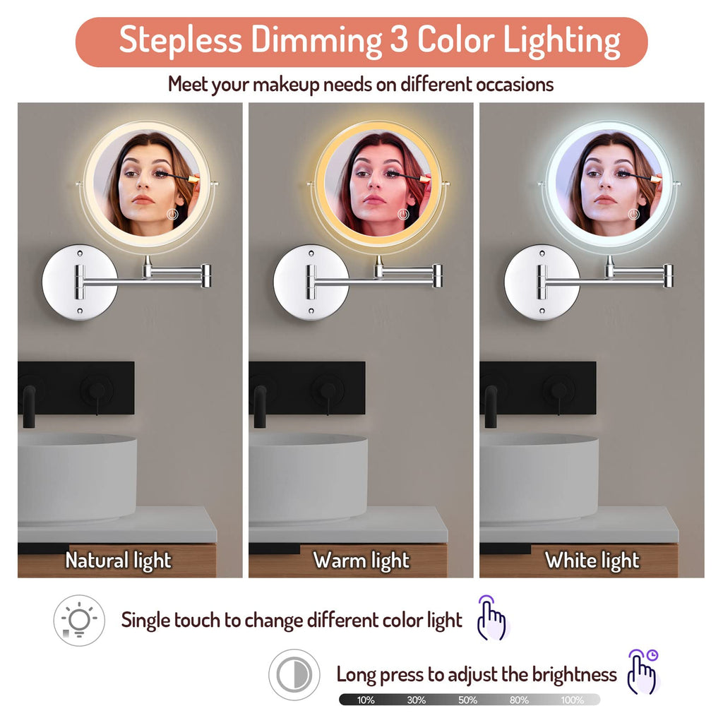Rocollos Rechargeable Wall Mounted Lighted Makeup Mirror, 8 Inch Double-Sided Led Vanity Mirror 1X/7X Magnification,3 Color Ligh