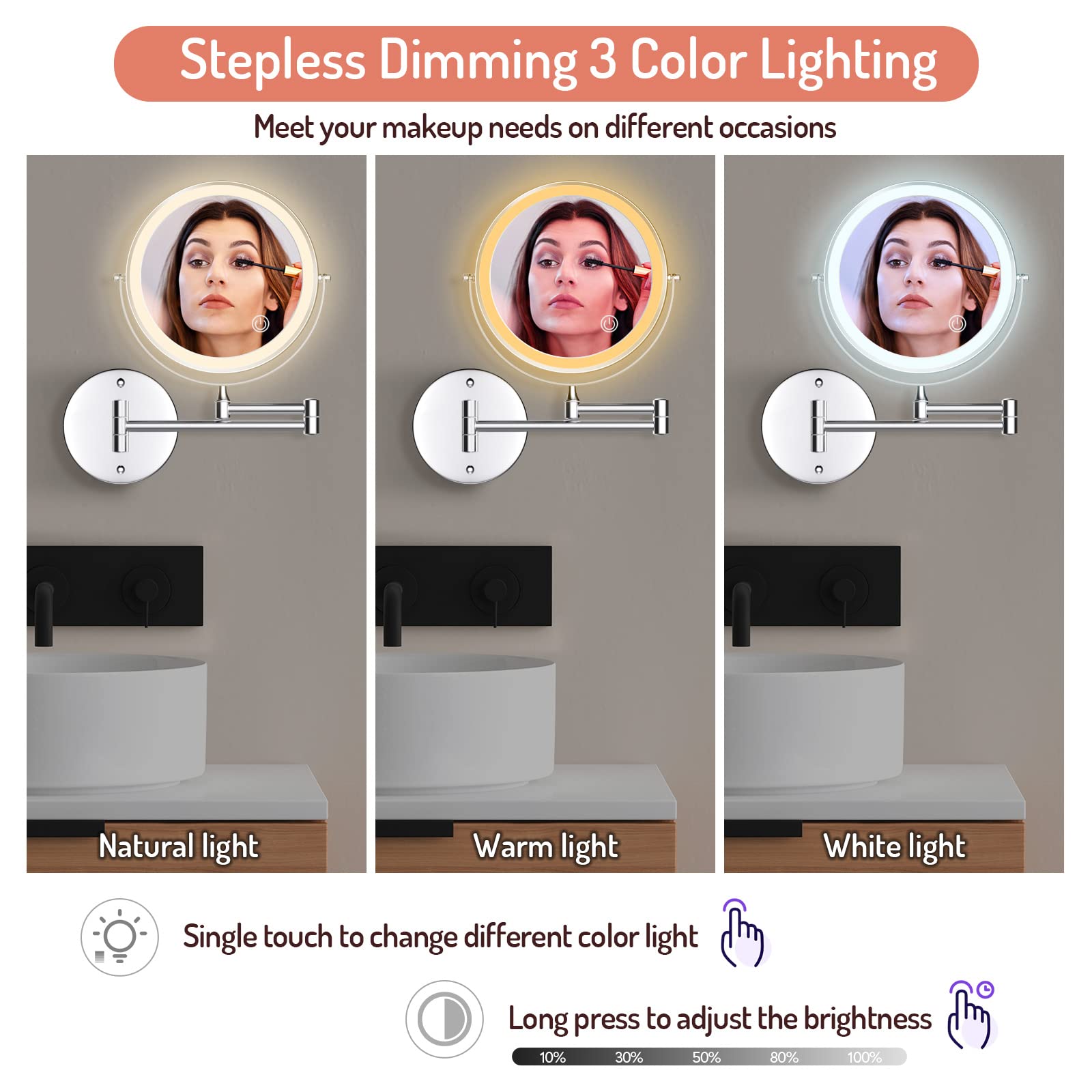 Rocollos Rechargeable Wall Mounted Lighted Makeup Mirror, 8 Inch Double-Sided Led Vanity Mirror 1X/7X Magnification,3 Color Ligh