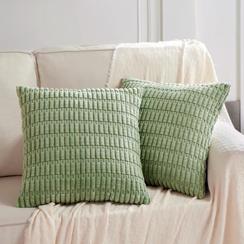 Fancy Homi 2 Packs Sage Green Decorative Throw Pillow Covers 18X18 Inch For Living Room Couch Bed Sofa, Soft Striped Corduroy Sq