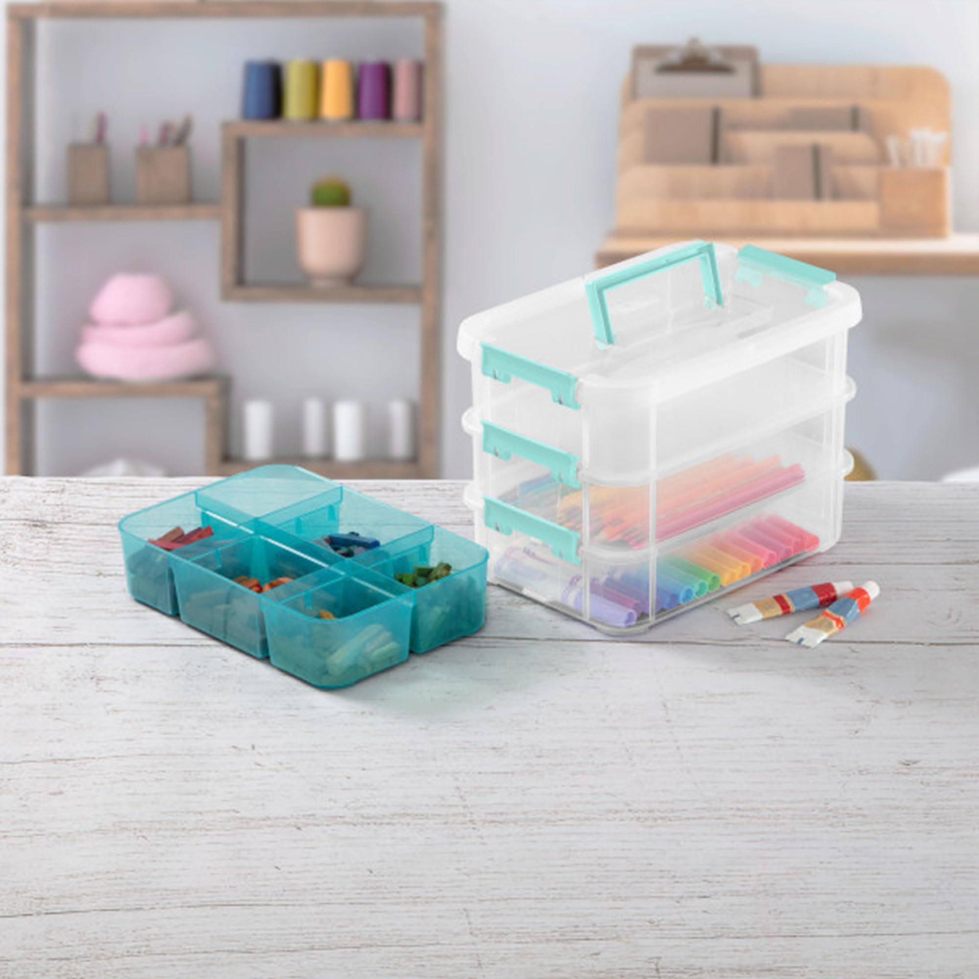 Sterilite Stack And Carry 3 Layer Handle Box And Tray, Plastic Small Storage Container With Latch Lid, Organize Crafts, Clear Wi
