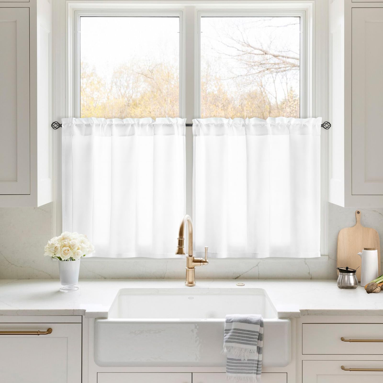 Homeideas Non-See-Through White Privacy Sheer Kitchen Curtains 30 X 24 Inches Long 2 Panels Short Sheer Curtains Light Filtering Bathroom Window Curtains Drapes For Bedroom Living Room