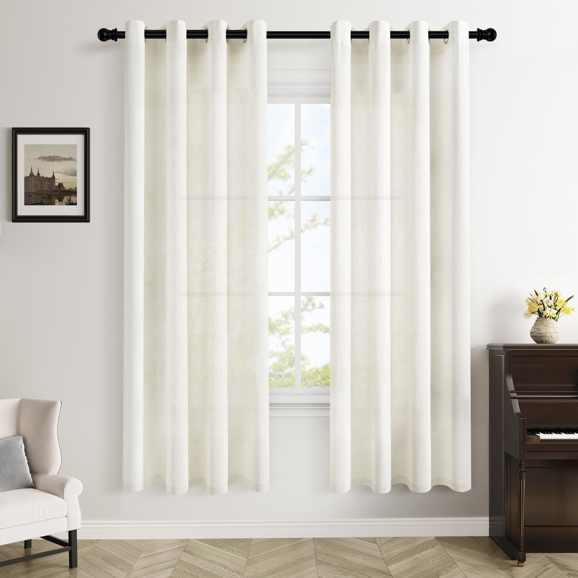 Cream 72 Inch Long Linen Curtains 2 Panels Set For Living Room Dining Grommet Linen Drapes Light Filter Boho Farmhouse Neutral S