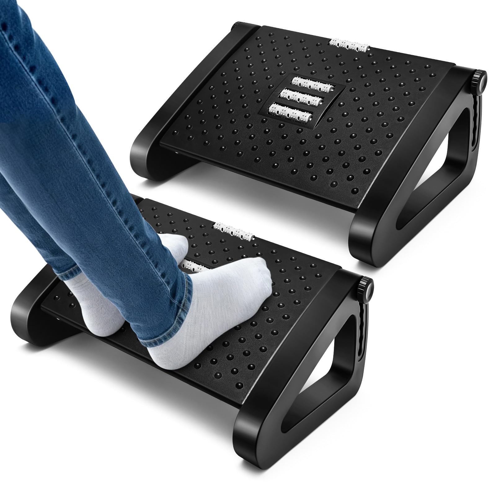 Beeveer 2 Pcs Foot Rest For Under Desk At Work, Ergonomic 6 Heights Adjustable Footrest With Massage Roller, Chair Footrest For 