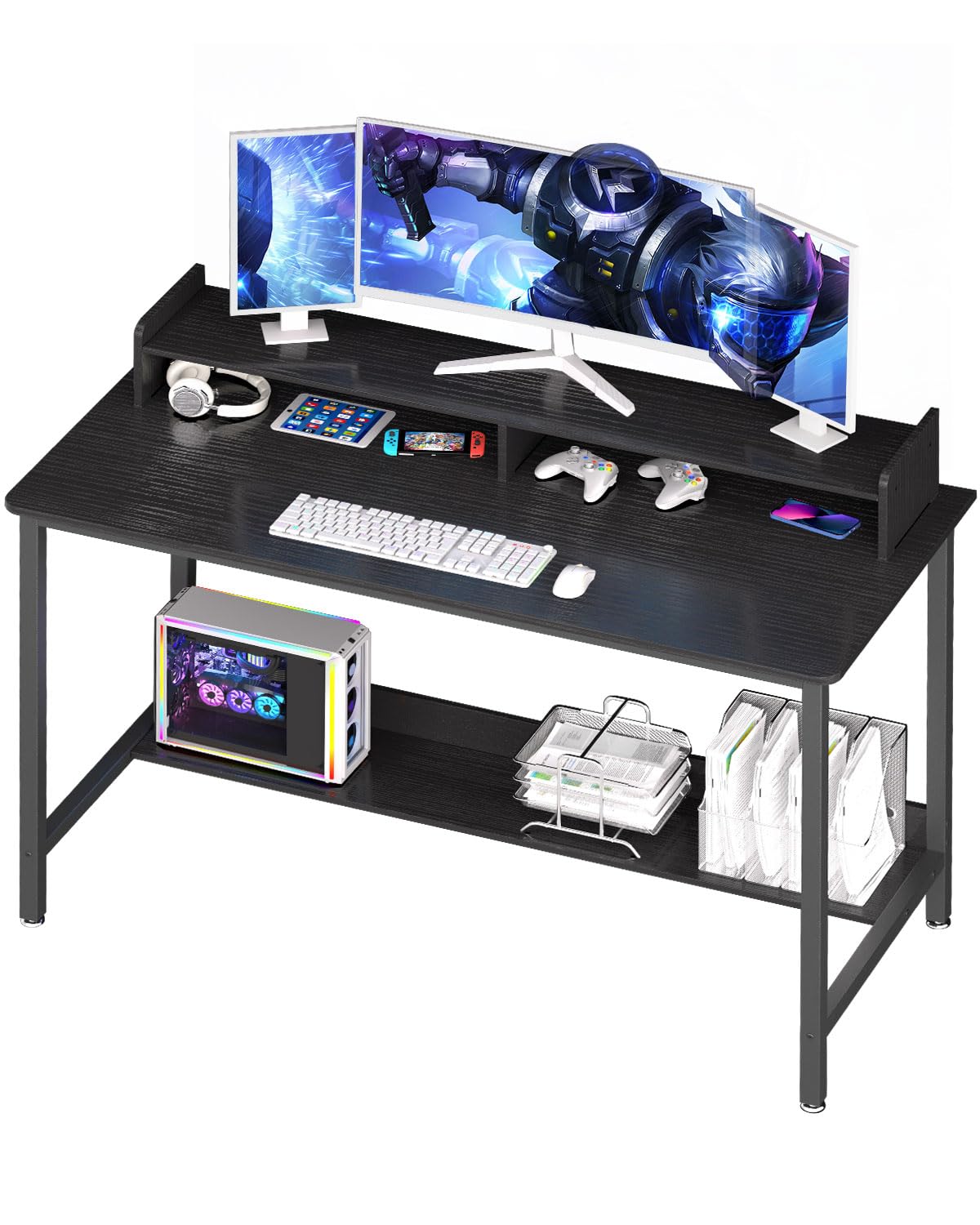 Woodynlux Computer Desk With Shelves, 32 Inch Gaming Writing Desk, Study Pc Table Workstation With Storage For Home Office, Living Room, Bedroom, Metal Frame, Black