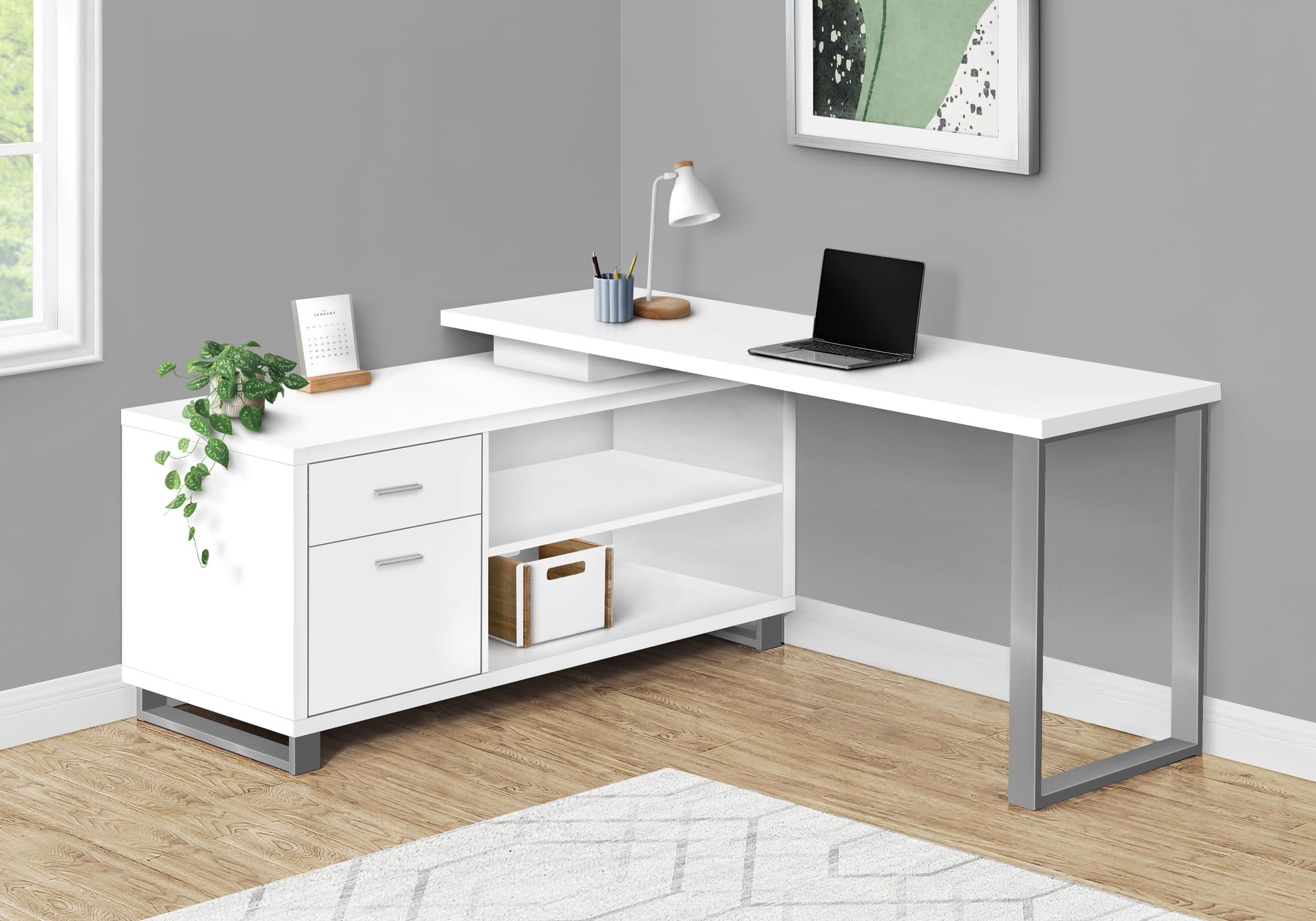 Monarch Specialties I 7716 Computer Desk, Home Office, Corner, Storage Drawers, 72&quot; L, L Shape, Work, Laptop, Metal, Laminate, White, Grey, Contemporary, Modern