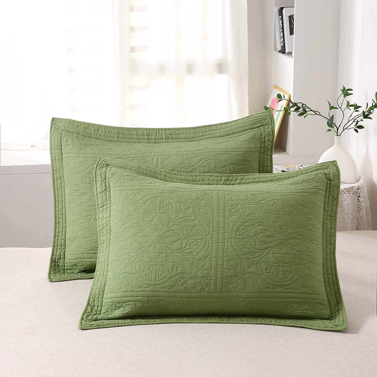 Winlife 100% Cotton Quilted Pillow Sham Floral Printed Pillow Cover (King, Olive Green)