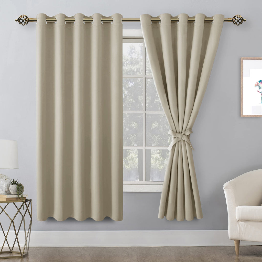 Hiasan Grommet Blackout Curtains For Bedroom, 60 X 72 Inches - Thermal Insulated & Light Blocking Window Drapes For Living Room/Dorm Room, Set Of 2 Panels Sewn With Tiebacks, Light Beige