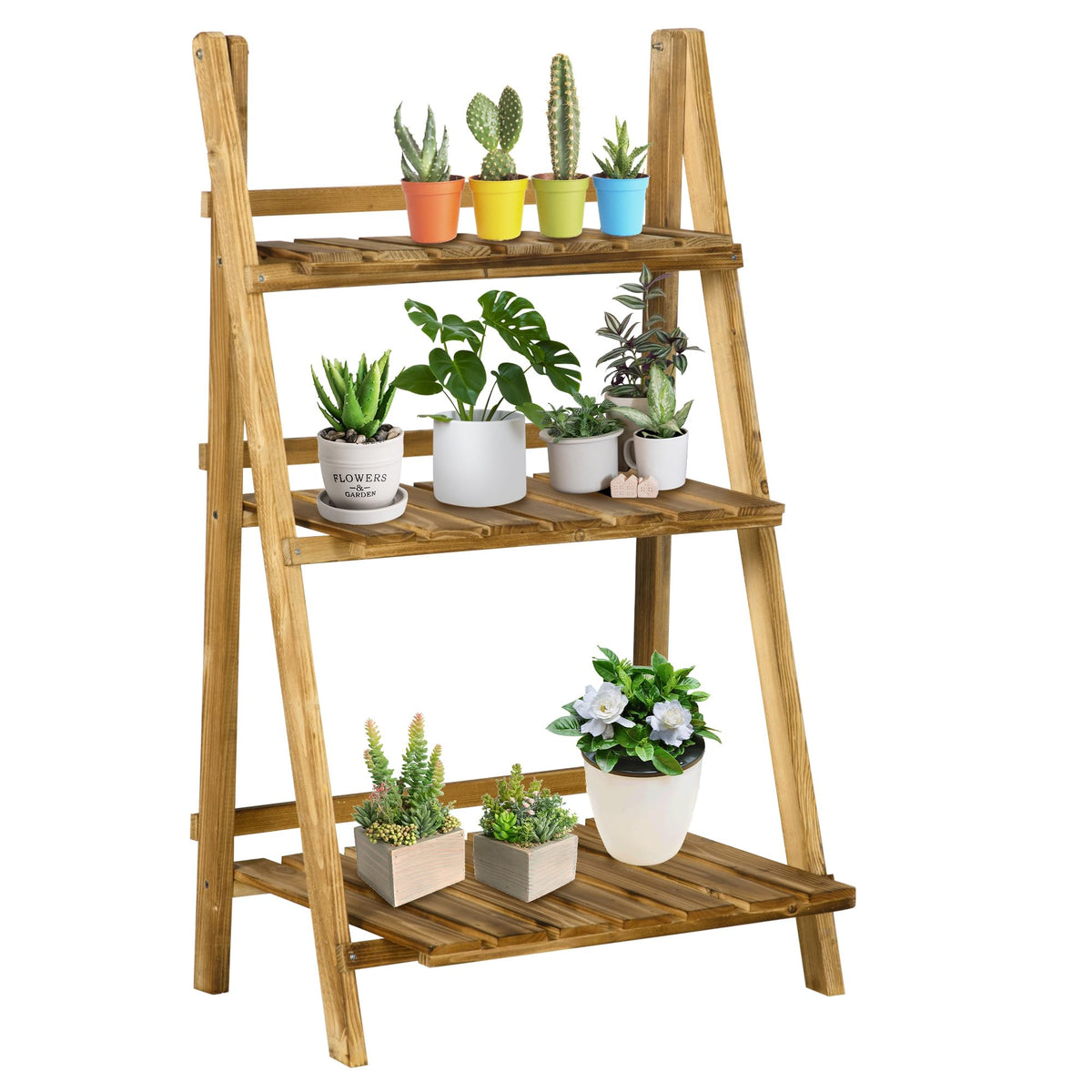 Outsunny 3-Tier Folding Plant Stand, 24' X 15' Wooden Indoor Plant Shelf Display Stand, For Corner Balcony Garden Patio