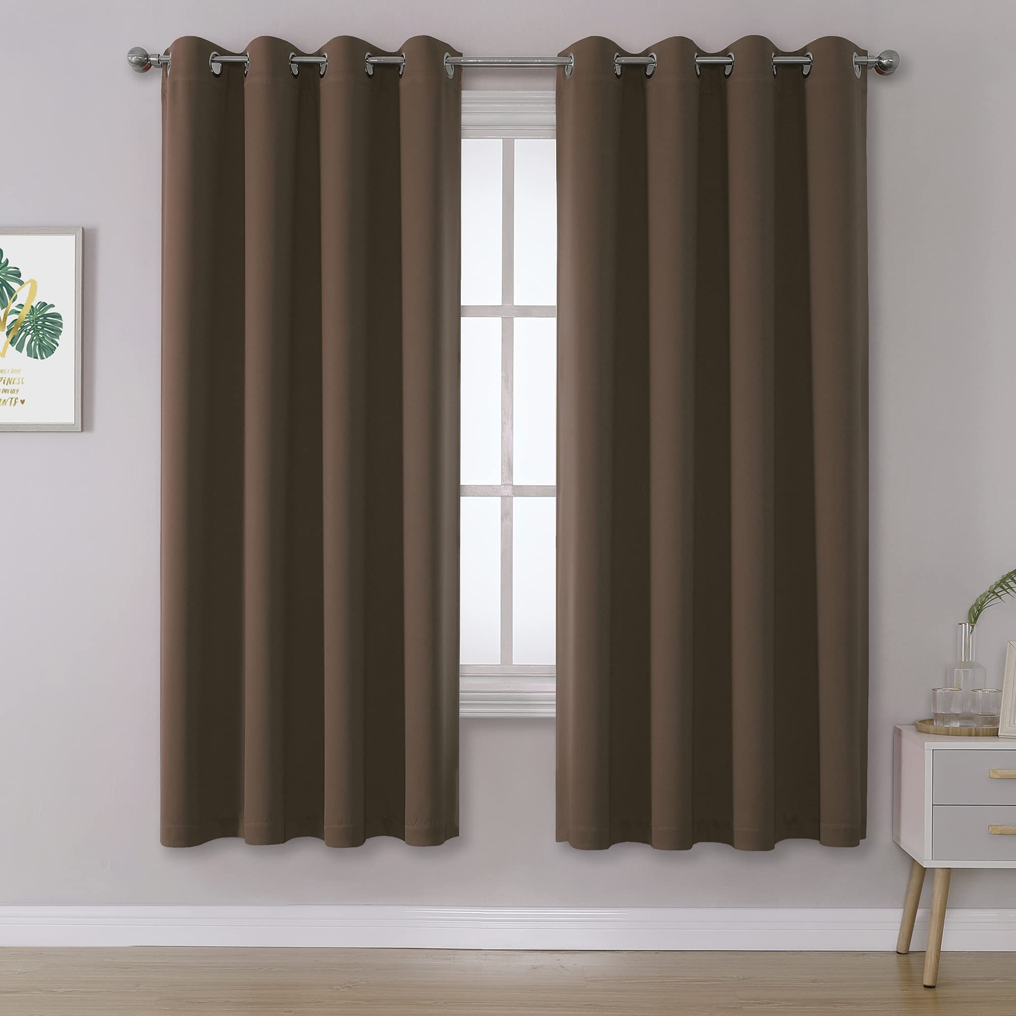 Dualife Brown Blackout Curtains Panels For Bedroom 63 Inches Long Coffee Color Curtains With Grommet Thermal Insulated Room Dark