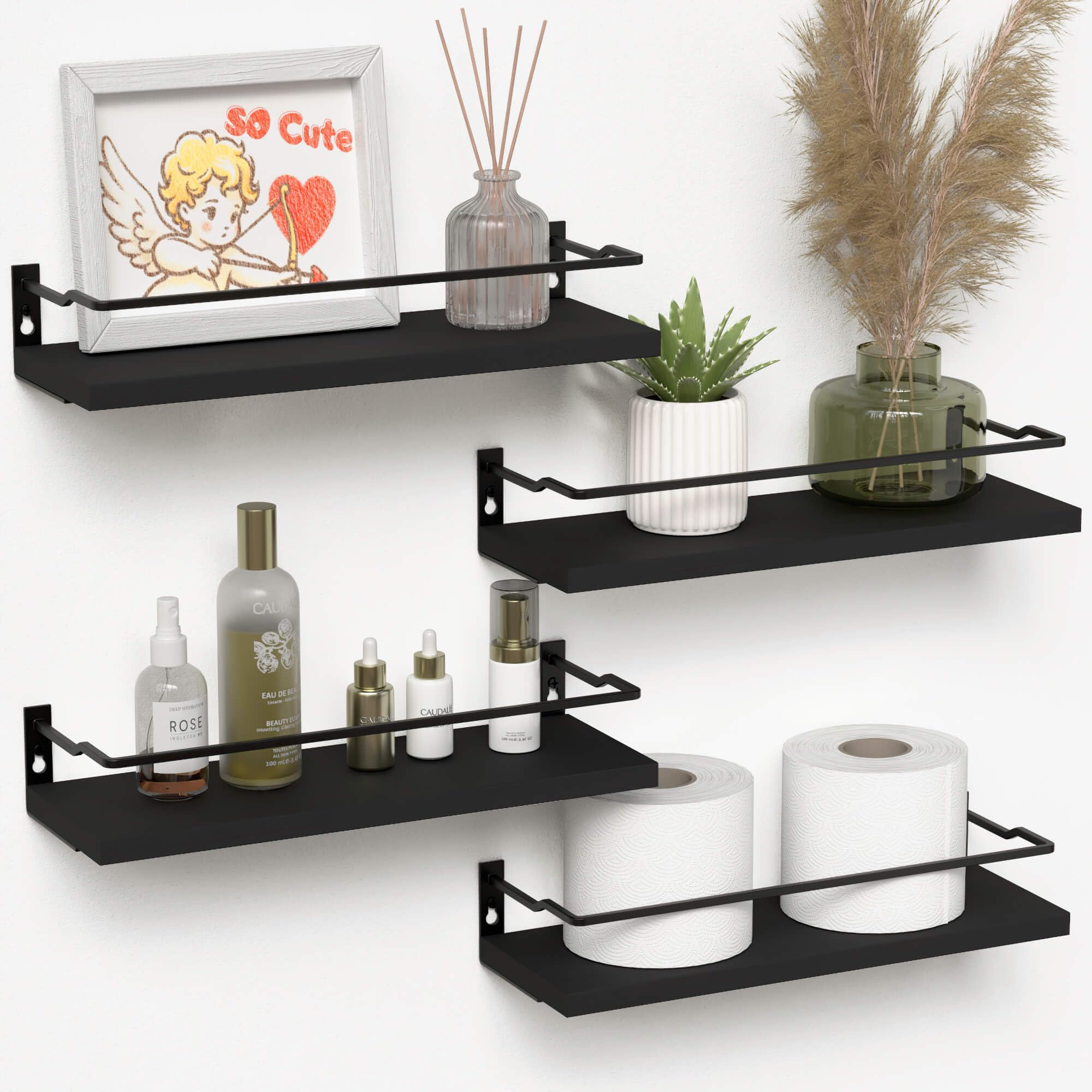 Richer House Bathroom Floating Shelves With Guardrail, Set Of 4 Wall Mounted Small Storage Bathroom Shelves, Rustic Bathroom Shelves Over Toilet, Wall Shelves For Kitchen Living Room Bedroom - Black