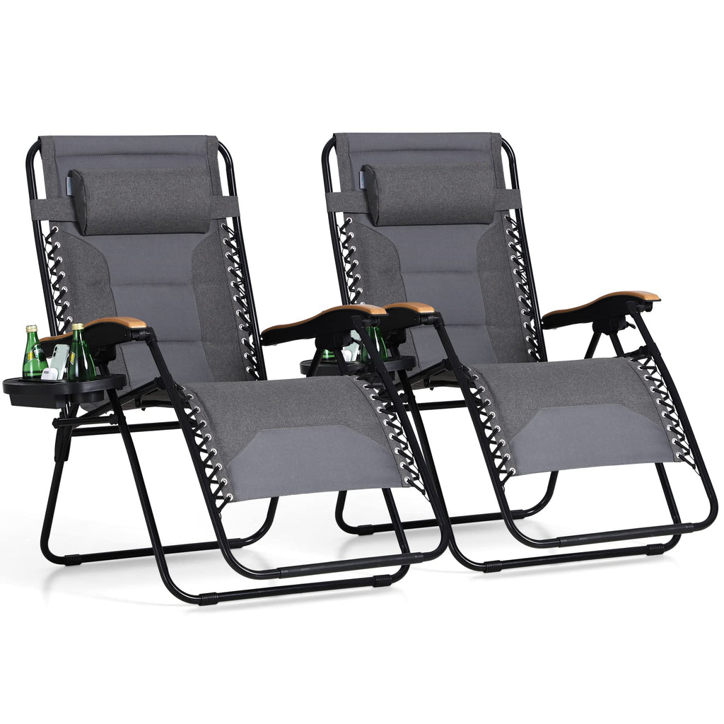 Phi Villa Xxl Oversized Padded Zero Gravity Chair, Foldable Patio Recliner, 30' Wide Seat Anti Gravity Lounger With Cup Holder, Set Of 2, Support 400 Lbs (Gray)