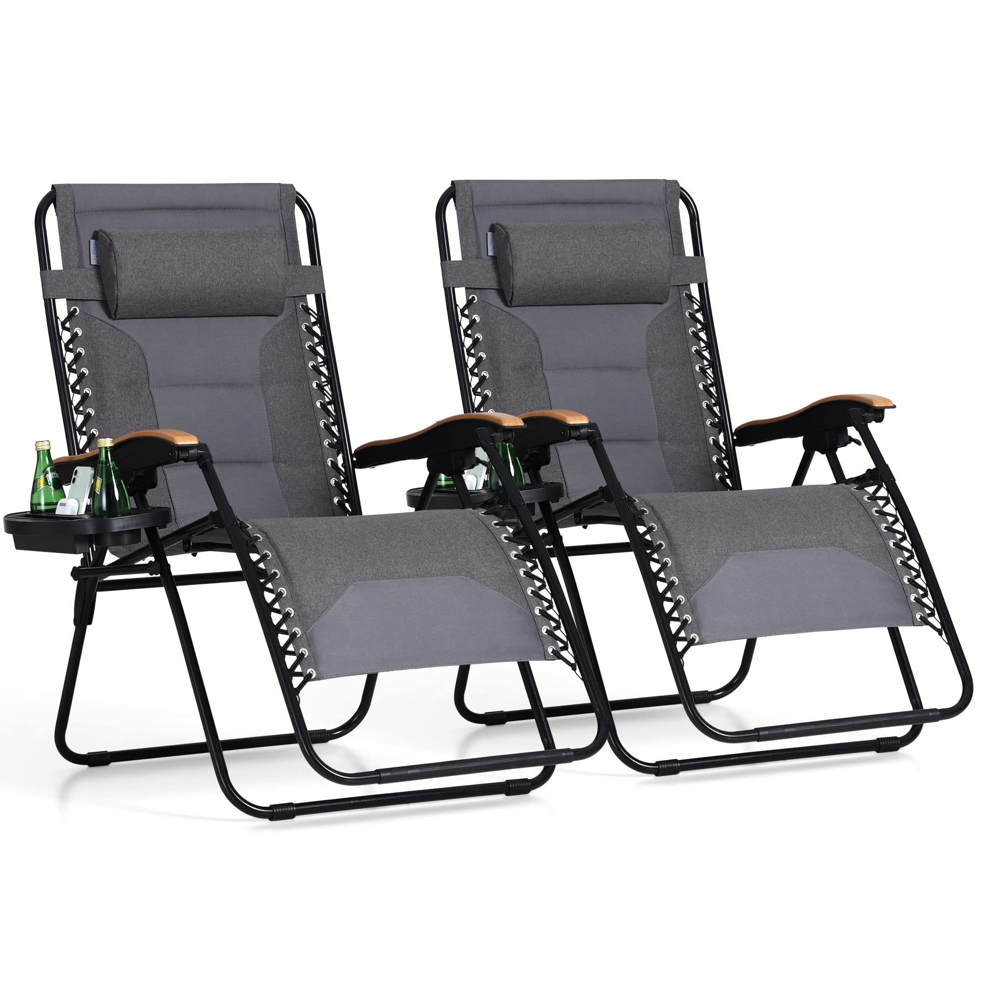 Phi Villa Xxl Oversized Padded Zero Gravity Chair, Foldable Patio Recliner, 30' Wide Seat Anti Gravity Lounger With Cup Holder, Set Of 2, Support 400 Lbs (Gray)