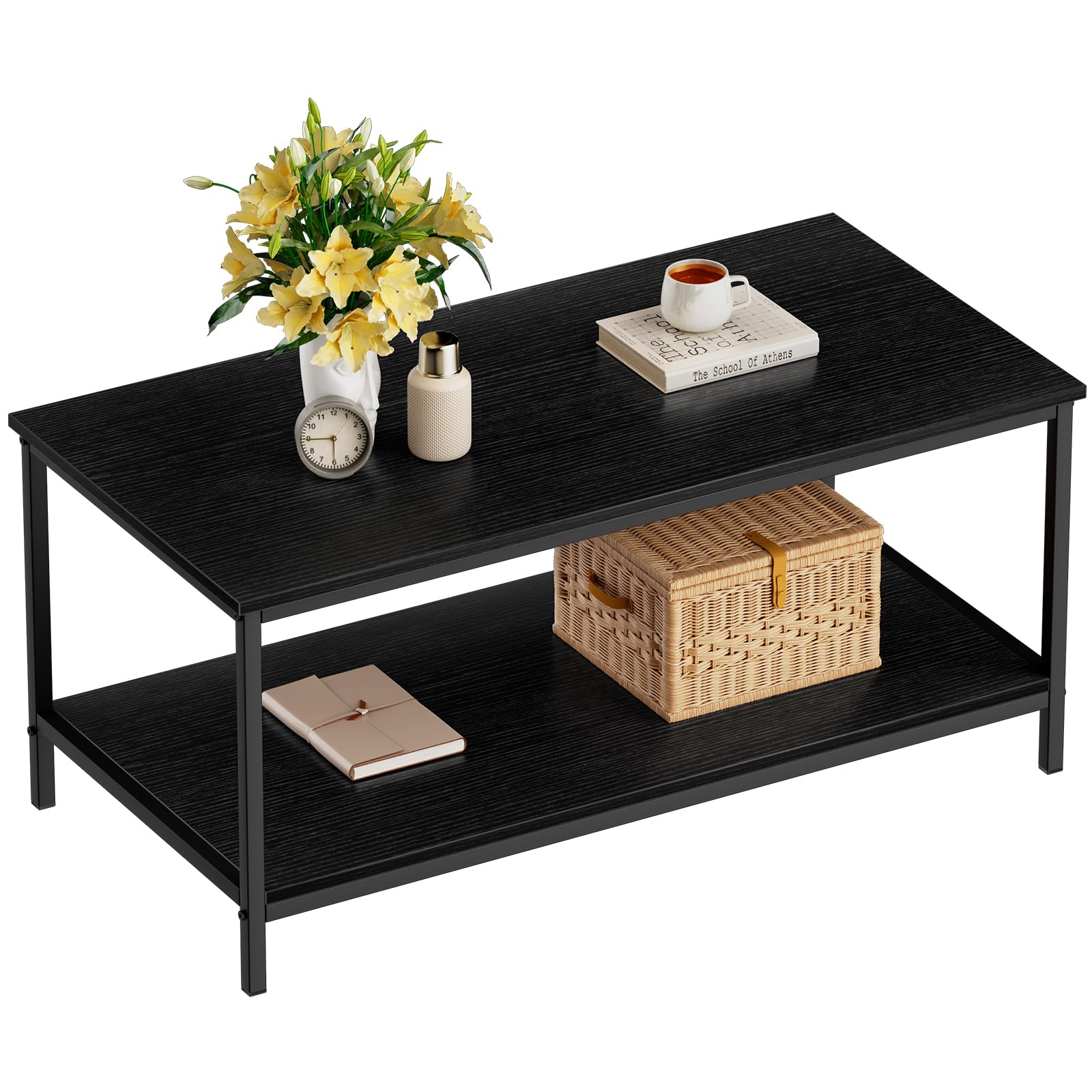 Saygoer Black Coffee Table For Living Room Modern Rectangle 2-Tier Coffee Tables With Storage Industrial Wood Center Table For Large Or Small Spaces Apartment Home Office, All Black