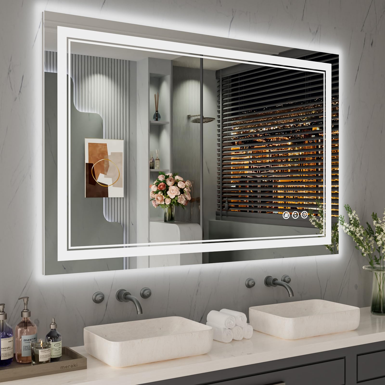 ISTRIPMF 48x32 Inch LED Bathroom Mirror, Front Light and Backlit Anti-Fog Dimmable Memory Lighted Vanity Mirror, Shatterproof Wa