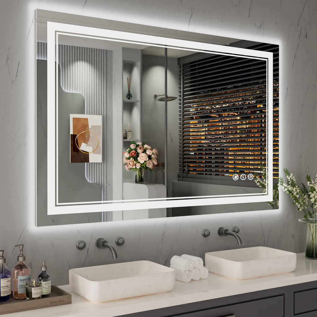 ISTRIPMF 48x32 Inch LED Bathroom Mirror, Front Light and Backlit Anti-Fog Dimmable Memory Lighted Vanity Mirror, Shatterproof Wa