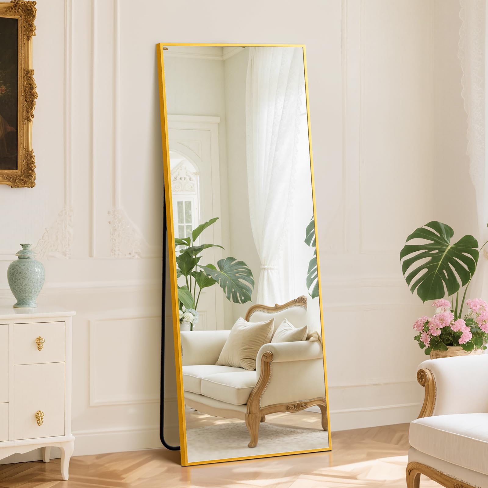 DUMOS Full Length Mirror with Stand 24x65 Floor Standing Aluminum Frame for Bedroom Body Hanging Leaning Modern Simple Home Deco