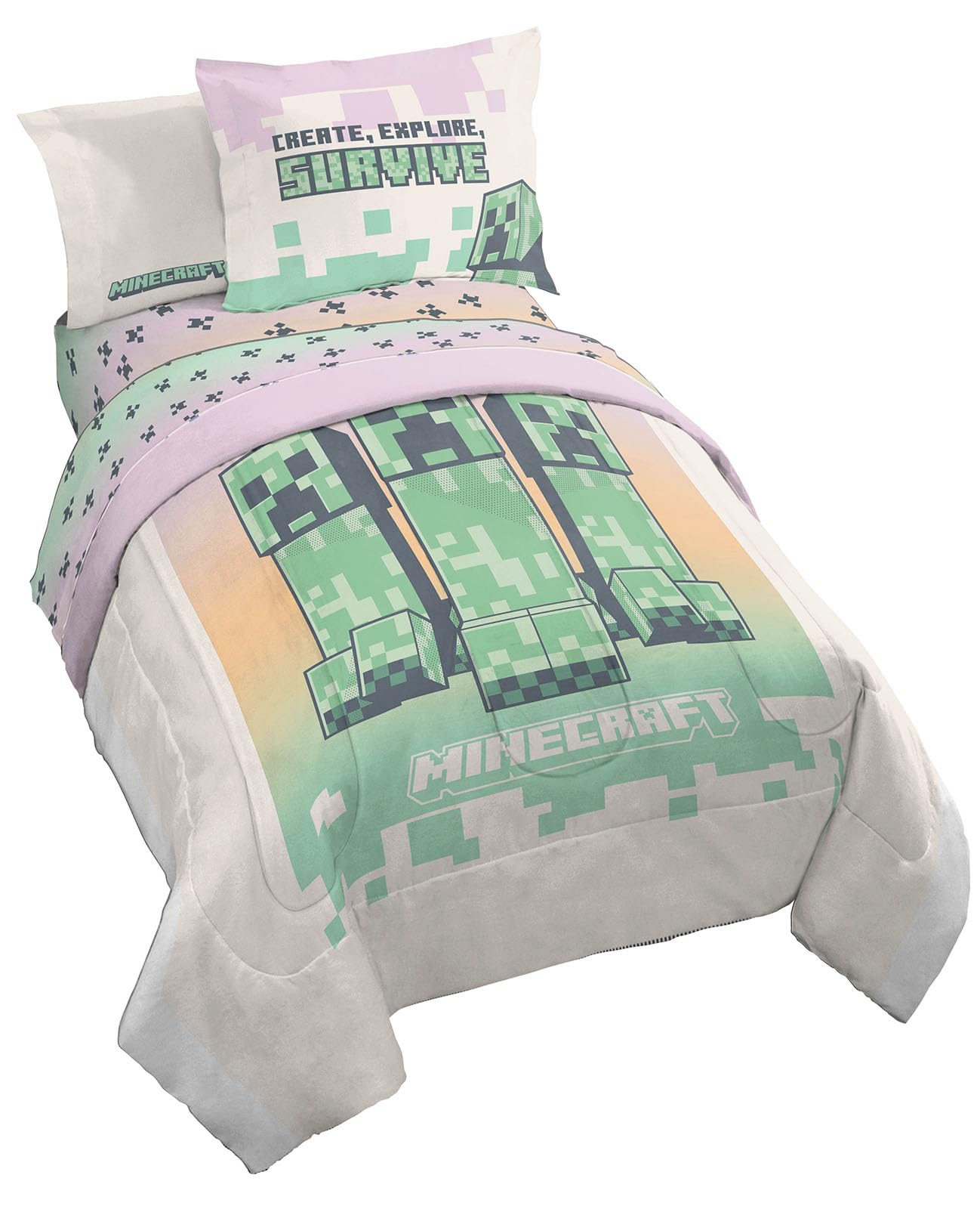 Minecraft Creeper Full Comforter Set - 7 Piece Bedding Includes Sheet Set & Pillow Covers - Super Soft Pink & Green Kids Bedding