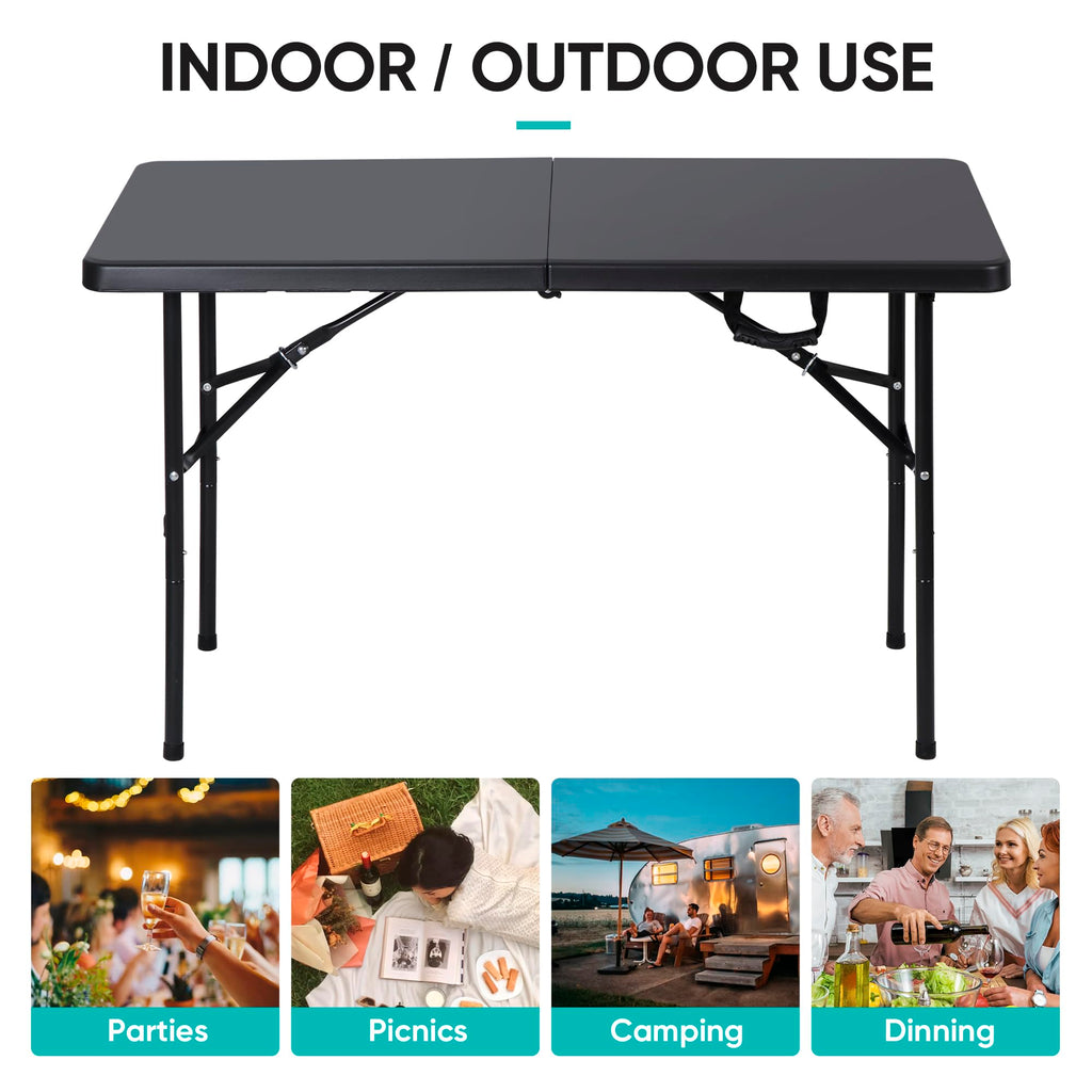 Zenstyle 4 Ft Indoor Outdoor Heavy Duty Plastic Folding Table Portable Picnic Table Fold-In-Half Utility Table W/Handle And Steel Legs For Camping, Dining, Party