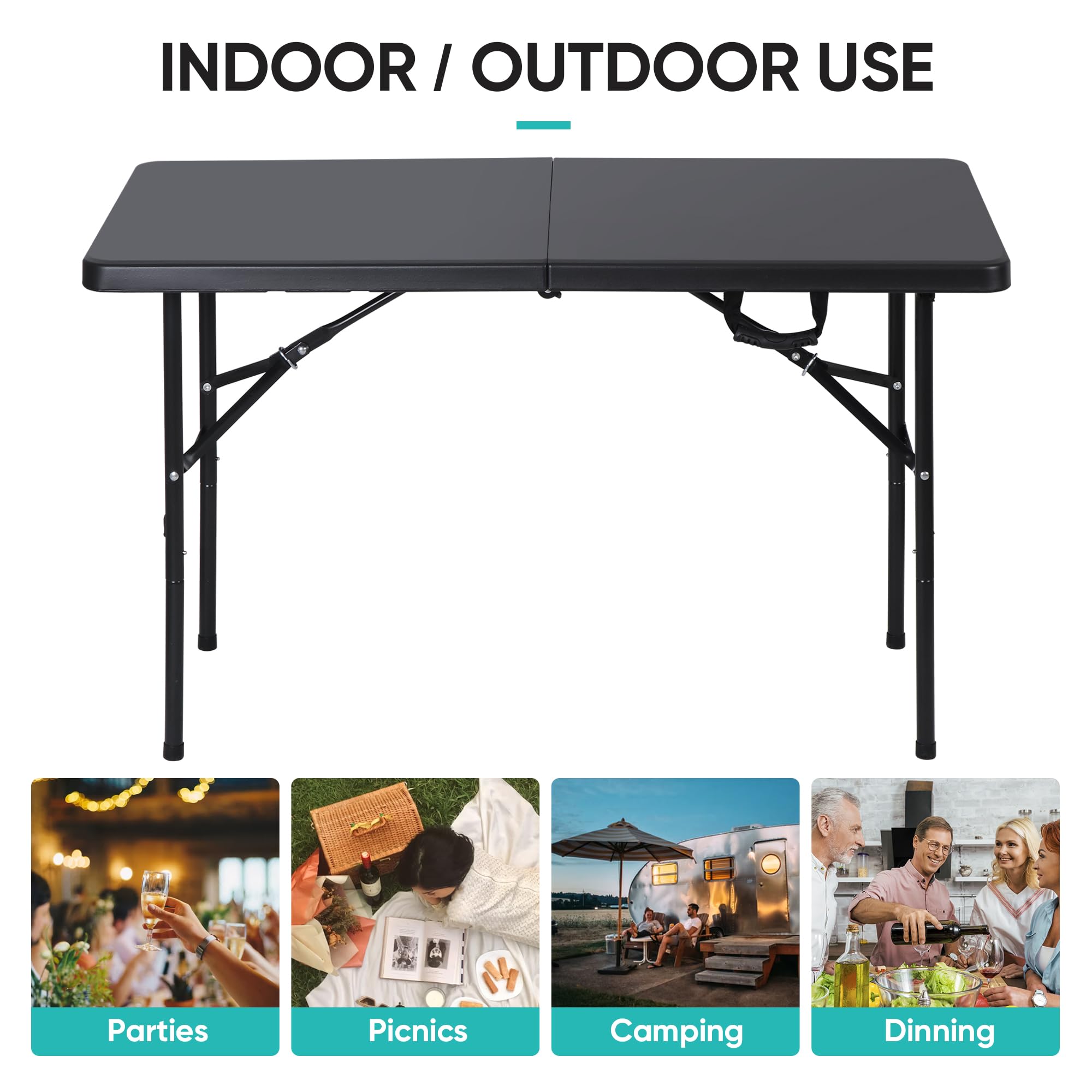 Zenstyle 4 Ft Indoor Outdoor Heavy Duty Plastic Folding Table Portable Picnic Table Fold-In-Half Utility Table W/Handle And Steel Legs For Camping, Dining, Party