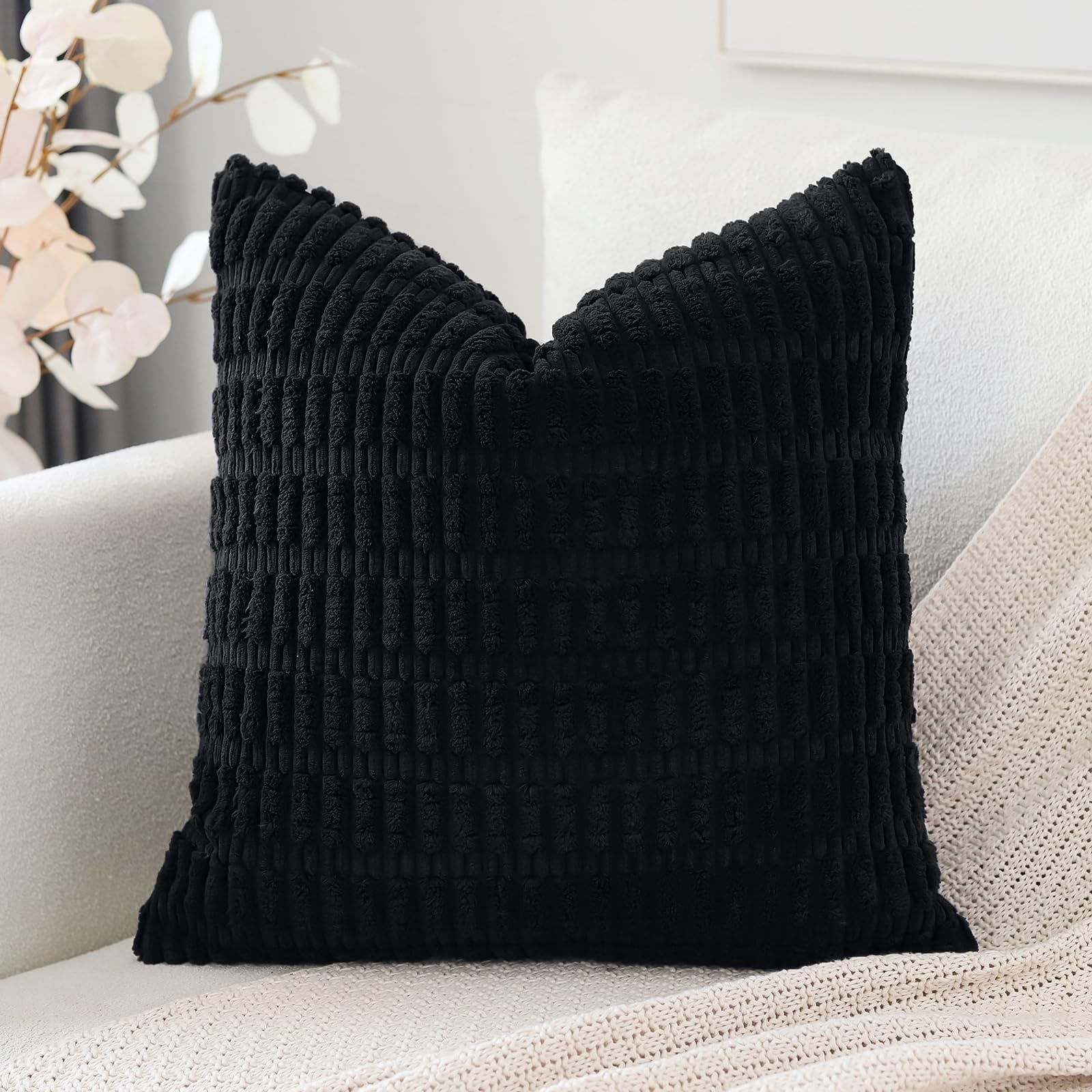 Otostar Corduroy Decorative Throw Pillow Covers 22X22 Inch Super Soft Boho Striped Square Pillow Covers Case Modern Cushion Covers For Sofa Couch Bedroom Car Decor Black