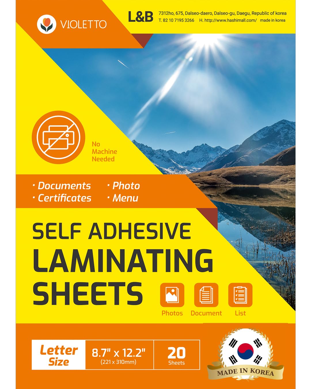 [Violetto] 20 Sheets - Self Adhesive Laminating Sheets For Ultimate Protection. No Machines Needed, 4 Mil Thickness, 8.5 X 11 In