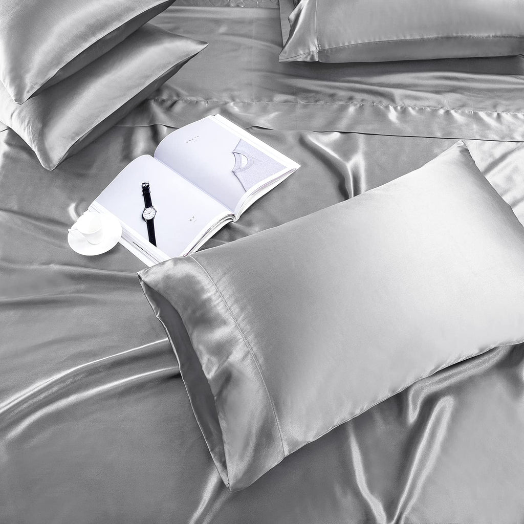 Treely 6 Piece Satin Sheets King Size Silky Smooth Silver Grey Satin Sheet Set With Deep Pocket, Satin Fitted Sheet, Flat Sheet,