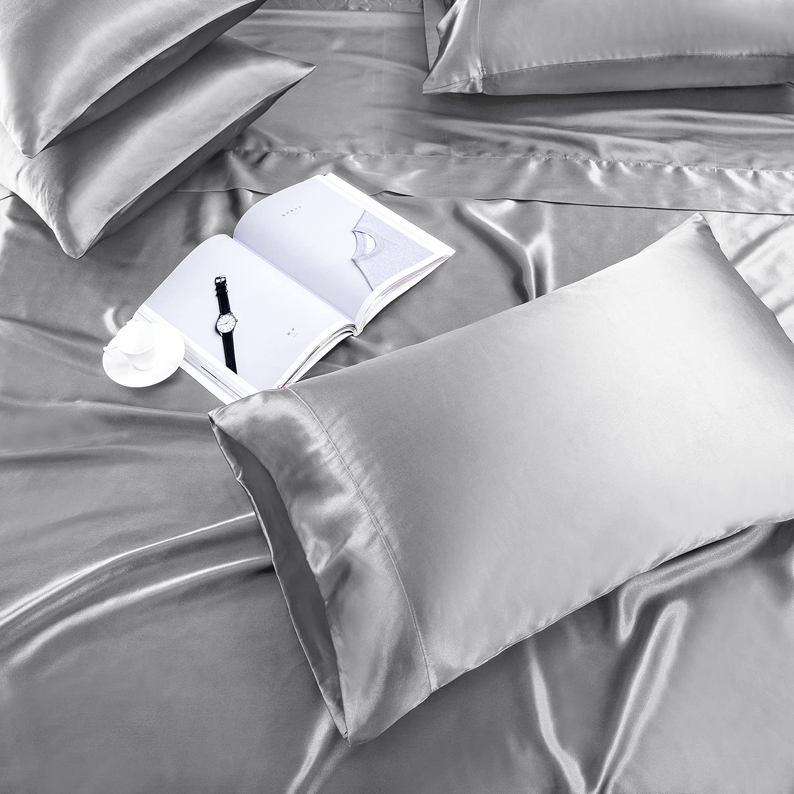 Treely 6 Piece Satin Sheets King Size Silky Smooth Silver Grey Satin Sheet Set With Deep Pocket, Satin Fitted Sheet, Flat Sheet,