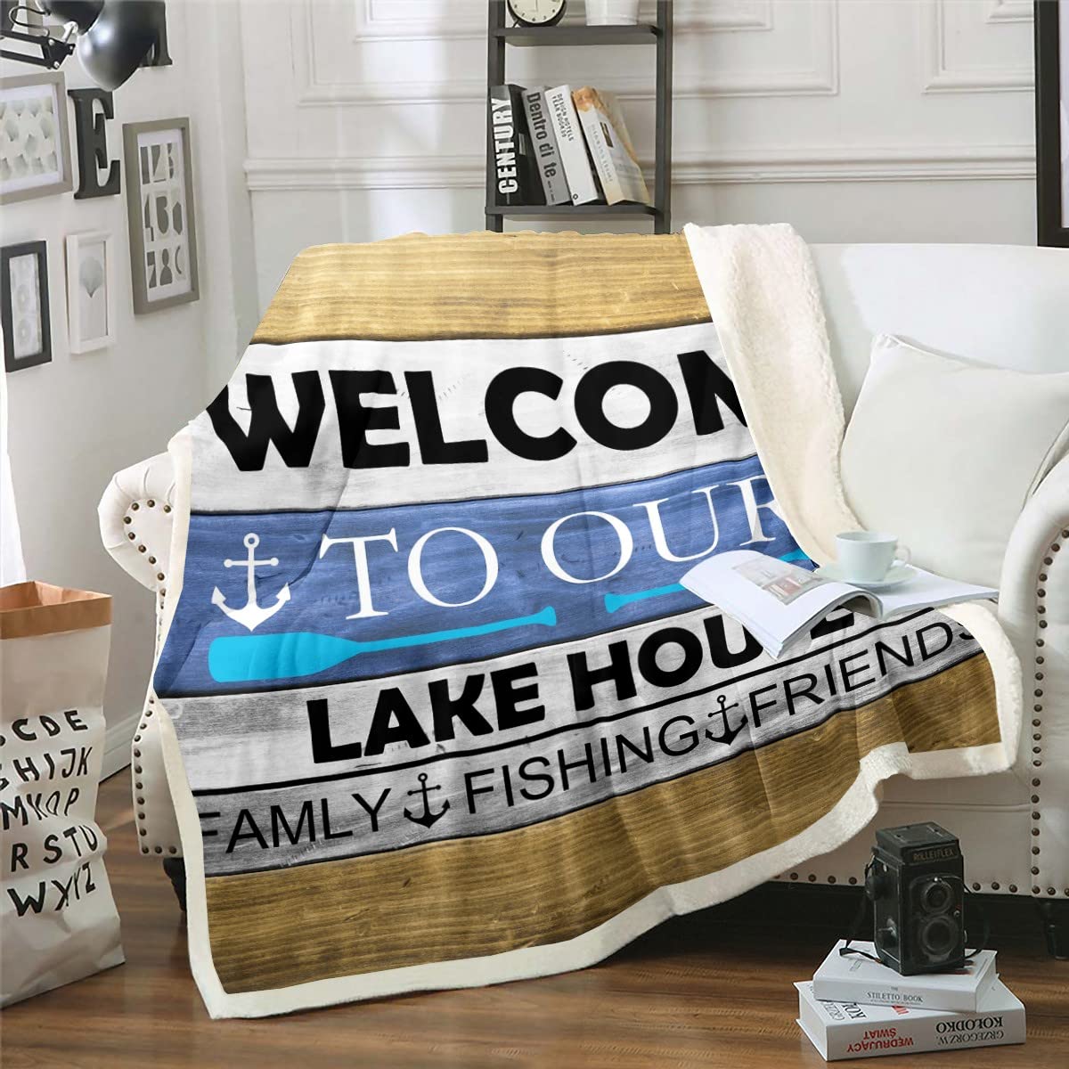 Erosebridal Lake House Fleece Blankets For Cabin Throw 50'X60' Lake Fishing Throw Blanket Rustic Paddle Anchor Plush Blanket F