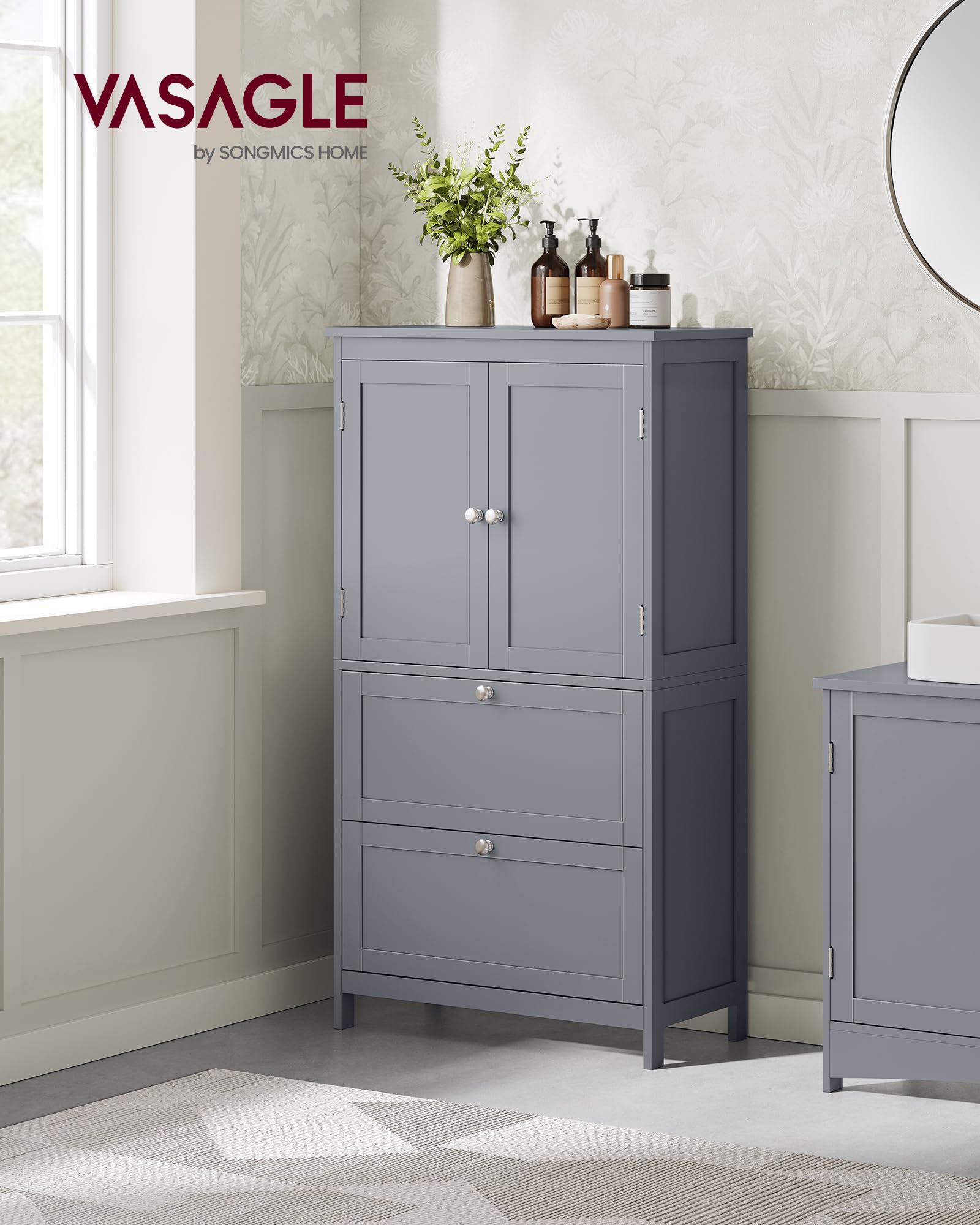 Vasagle Bathroom Floor Storage Cabinet, Bathroom Storage Unit, Freestanding Cabinet With 2 Drawers And 2 Doors, Adjustable Shelf, 11.8 X 23.6 X 43.3 Inches, Dove Gray Ubbc551G02