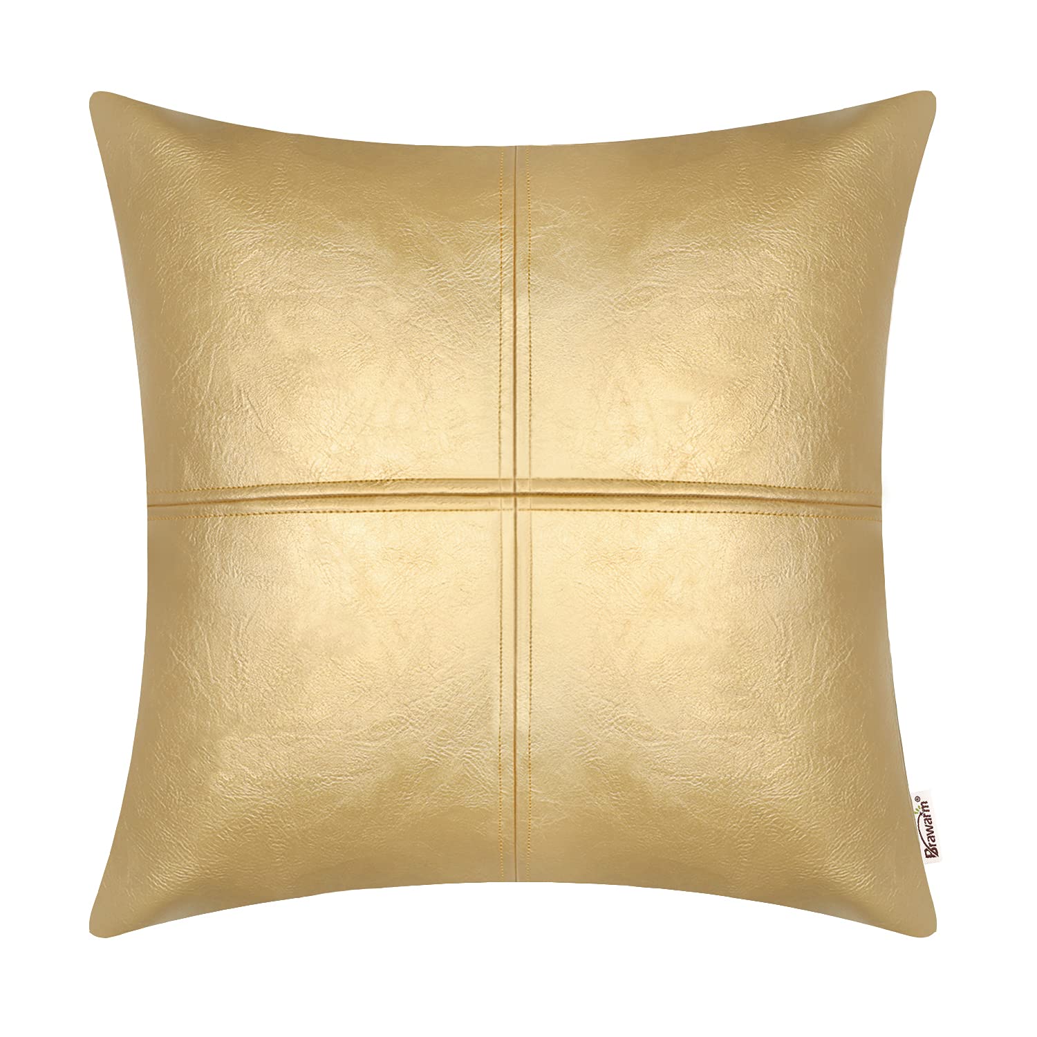 Brawarm Faux Leather Throw Pillow Covers 16 X 16 Inches, Gold Leather Pillow Cover, Hand Stitched Leather Decorative Pillow Cove