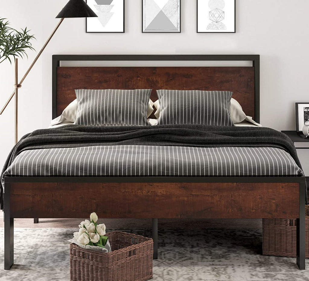 SHA CERLIN AK-JHH005 14 Inch Metal Platform Bed Frame with Wooden Headboard/Footboard Mahogany Queen