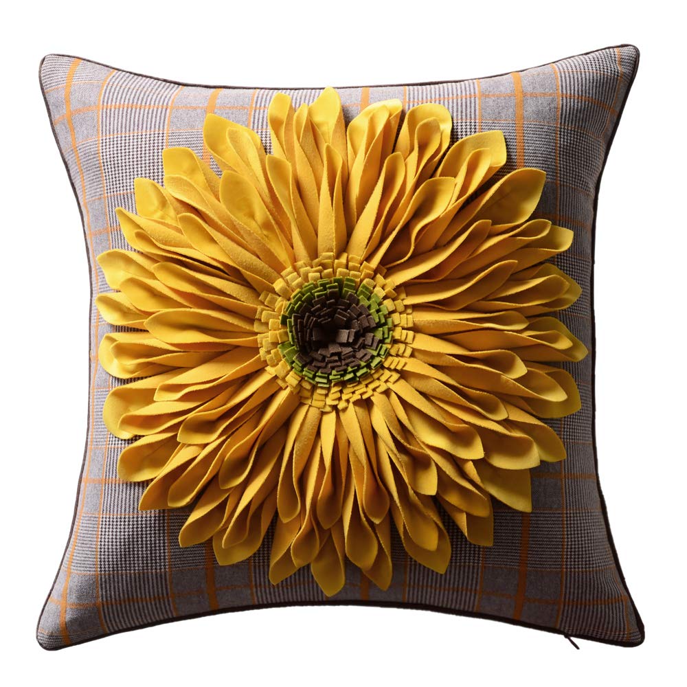 Oiseauvoler 3D Sunflower Handmade Throw Pillow Cover Decorative Pillowcase Yellow Plaid For Home Bed Living Room Decor 18 X 18 I