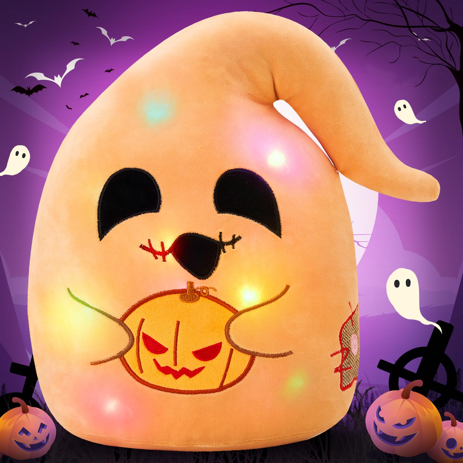Bstaofy 12' Lighted Halloween Ghost Plush Pillow With Light Up Pumpkin Lantern Led Halloween Pillows Home Party Decorations Nig