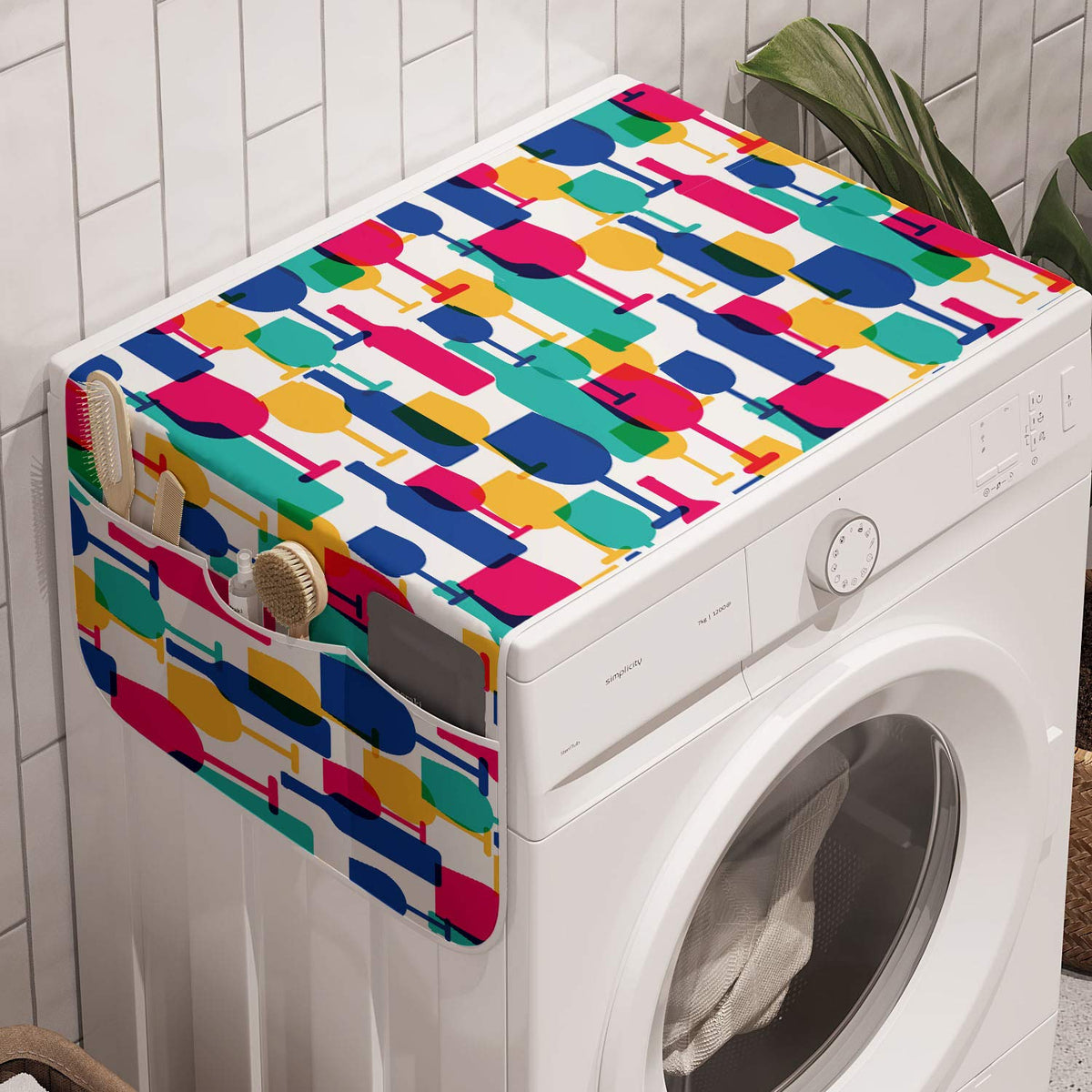 Lunarable Winery Washing Machine Organizer, Cocktail Glasses And Wine Bottles Pattern Bar Menu Party Alcohol Drinks, Anti-Slip F
