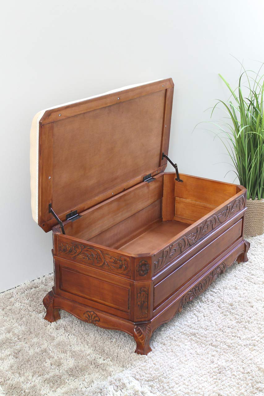 International Caravan Furniture Piece Carved Wood Trunk-Bench With Cushion Top